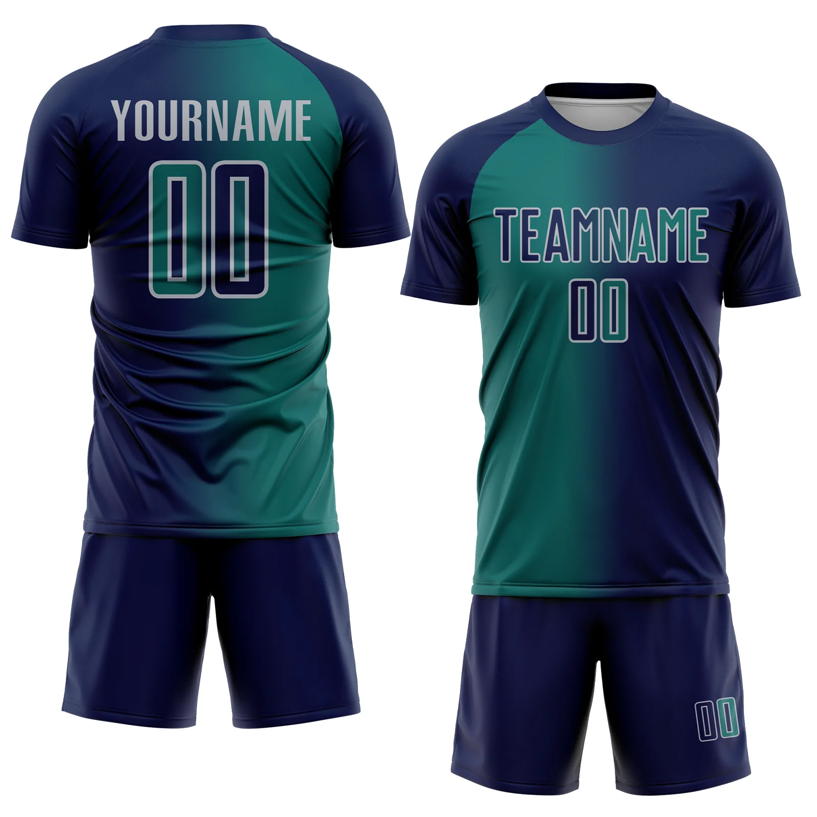Custom Navy Teal-Gray Sublimation Gradient Fashion Soccer Uniform Jersey - Image 2