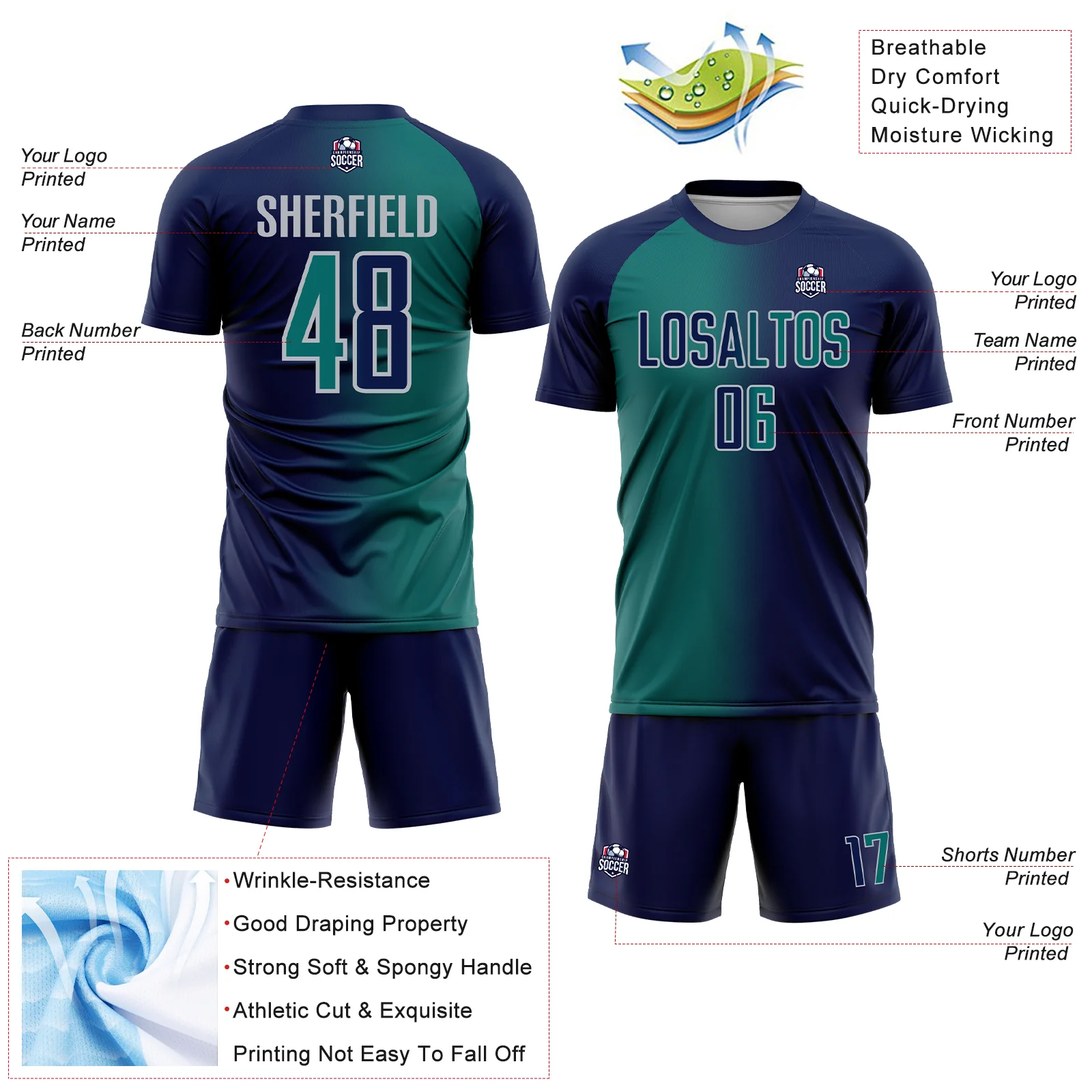 Custom Navy Teal-Gray Sublimation Gradient Fashion Soccer Uniform Jersey - Image 4