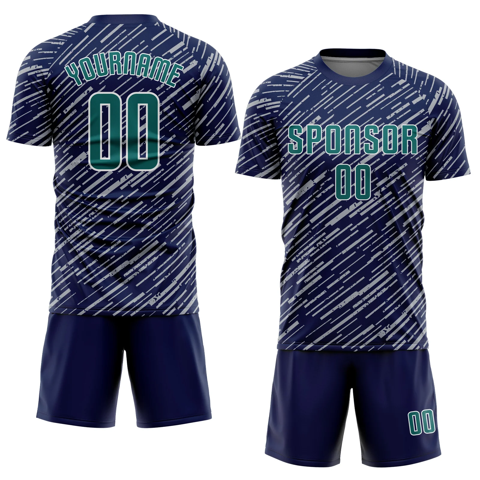 Custom Navy Teal Gray-White Line Sports Sublimation Soccer Uniform Jersey - Image 2