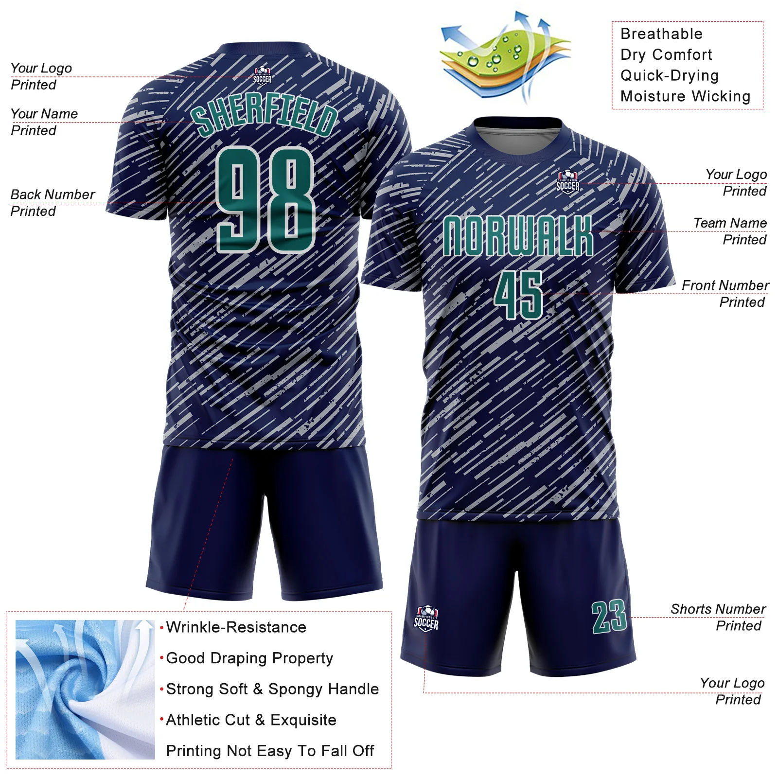 Custom Navy Teal Gray-White Line Sports Sublimation Soccer Uniform Jersey - Image 4
