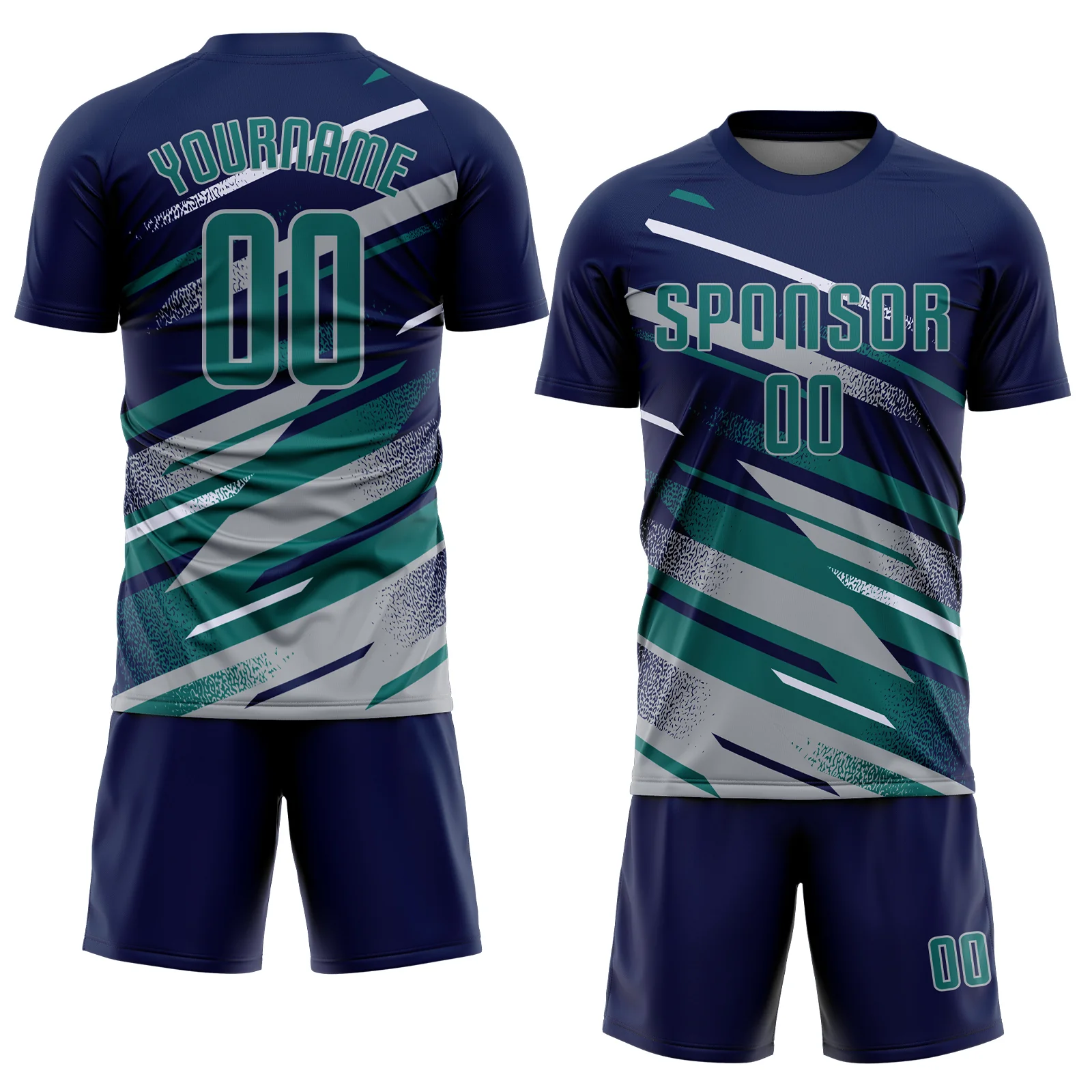 Custom Navy Teal Gray-White Grunge Stripe And Grainy Sports Sublimation Soccer Uniform Jersey - Image 2