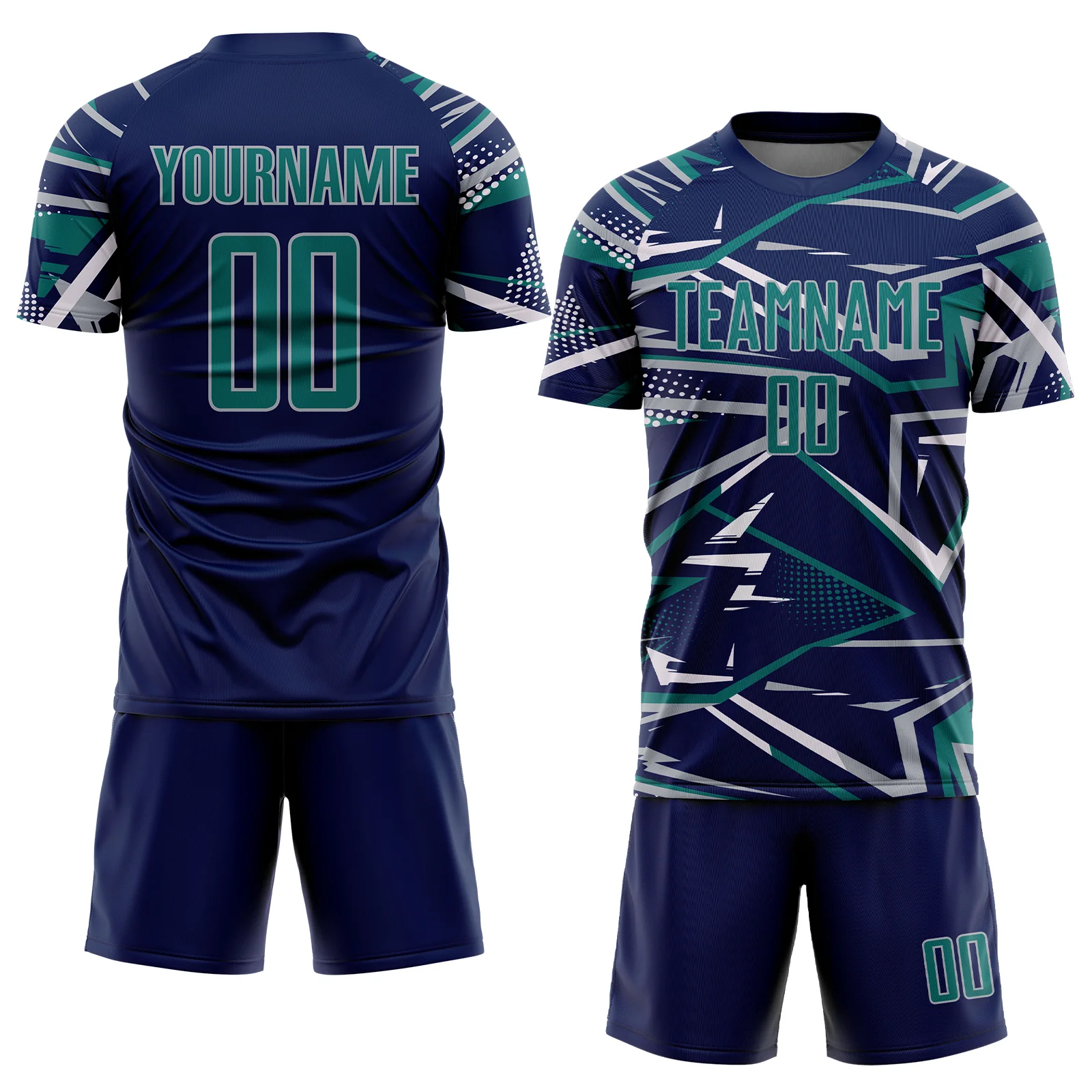 Custom Navy Teal Gray-White Abstract Geometric Stripes Sports Sublimation Soccer Uniform Jersey - Image 2