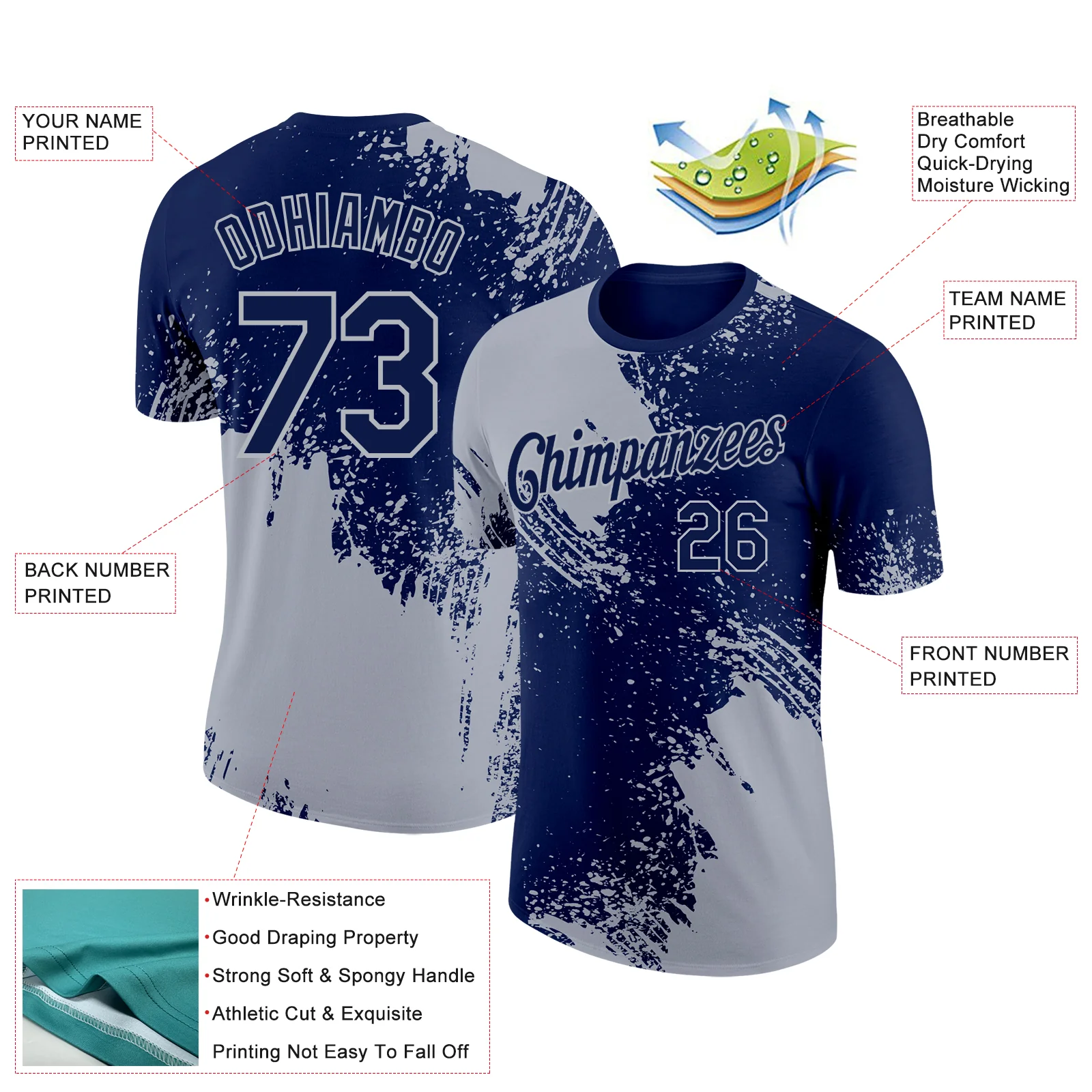 Custom Navy Gray 3D Pattern Design Abstract Brush Stroke Performance T-Shirt - Image 2