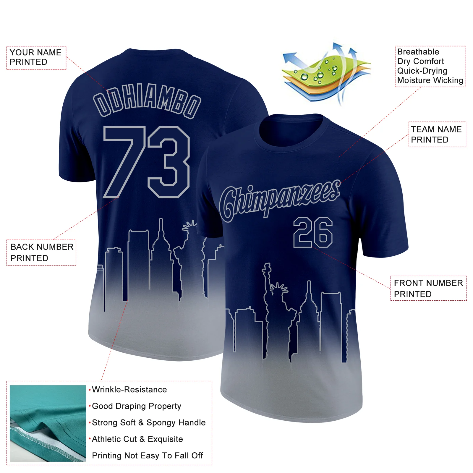 Custom Navy Gray 3D New York City Edition Fade Fashion Performance T-Shirt - Image 2