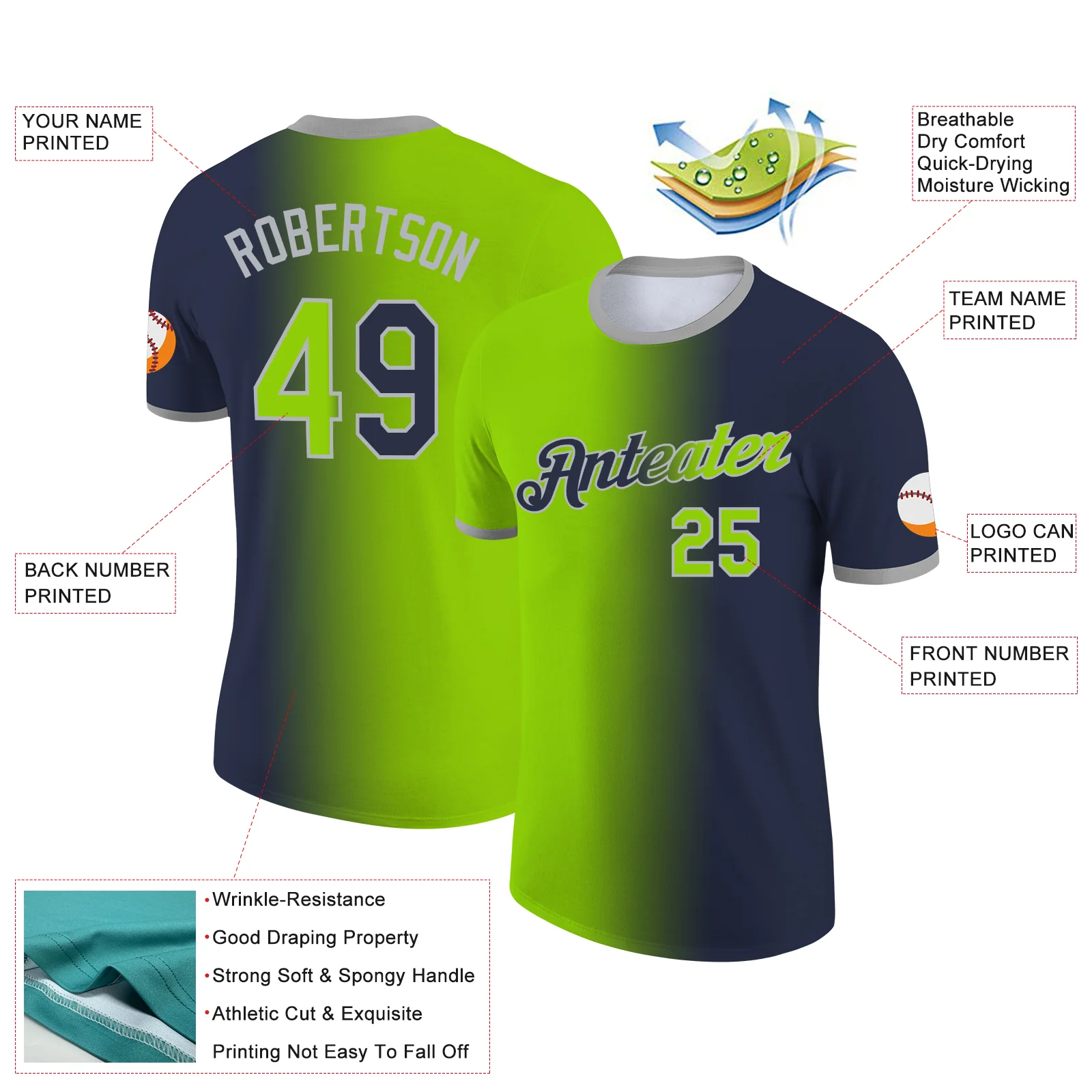 Custom Navy Neon Green-Gray Gradient Fashion Performance T-Shirt - Image 2