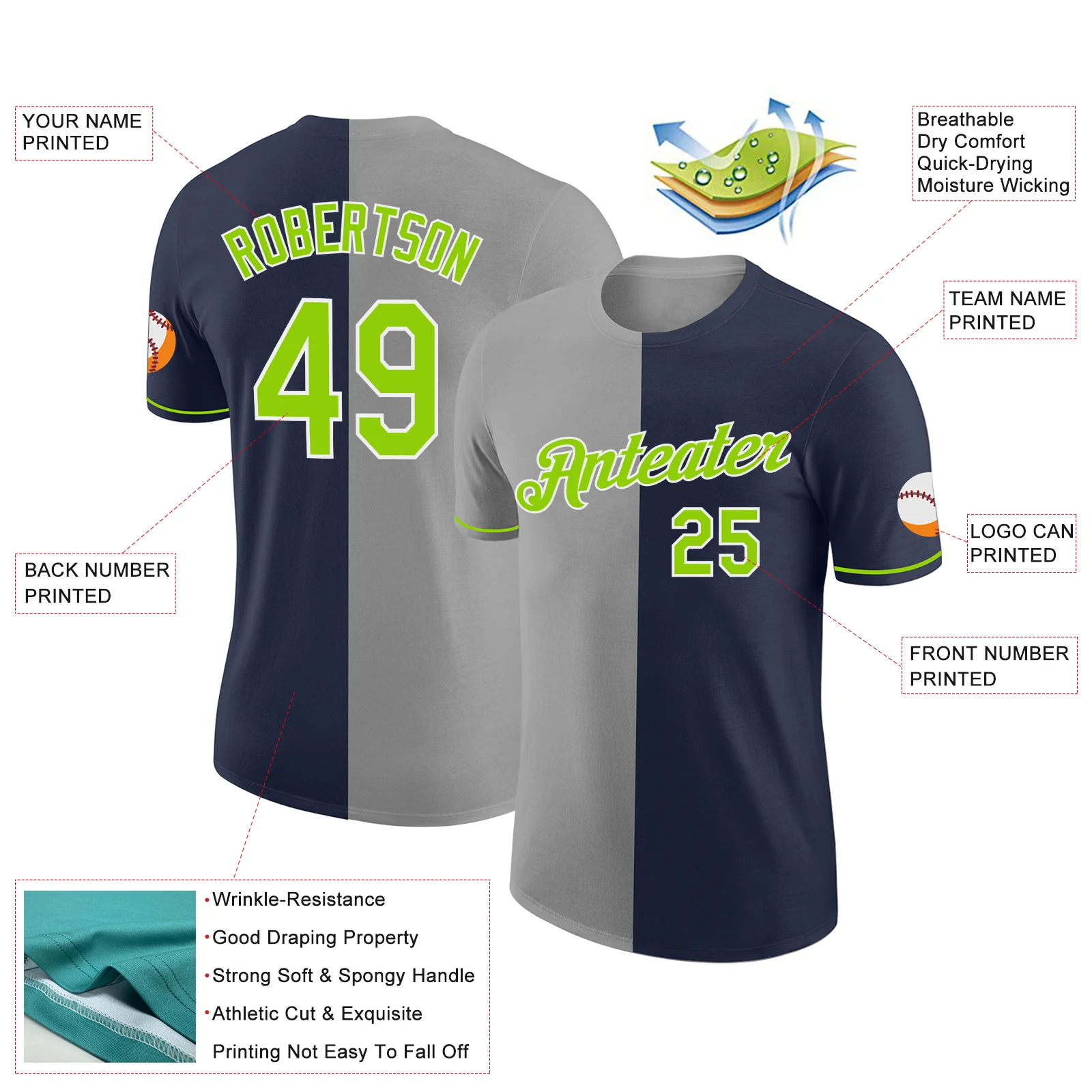 Custom Navy Neon Green-Gray Split Fashion Performance T-Shirt - Image 2