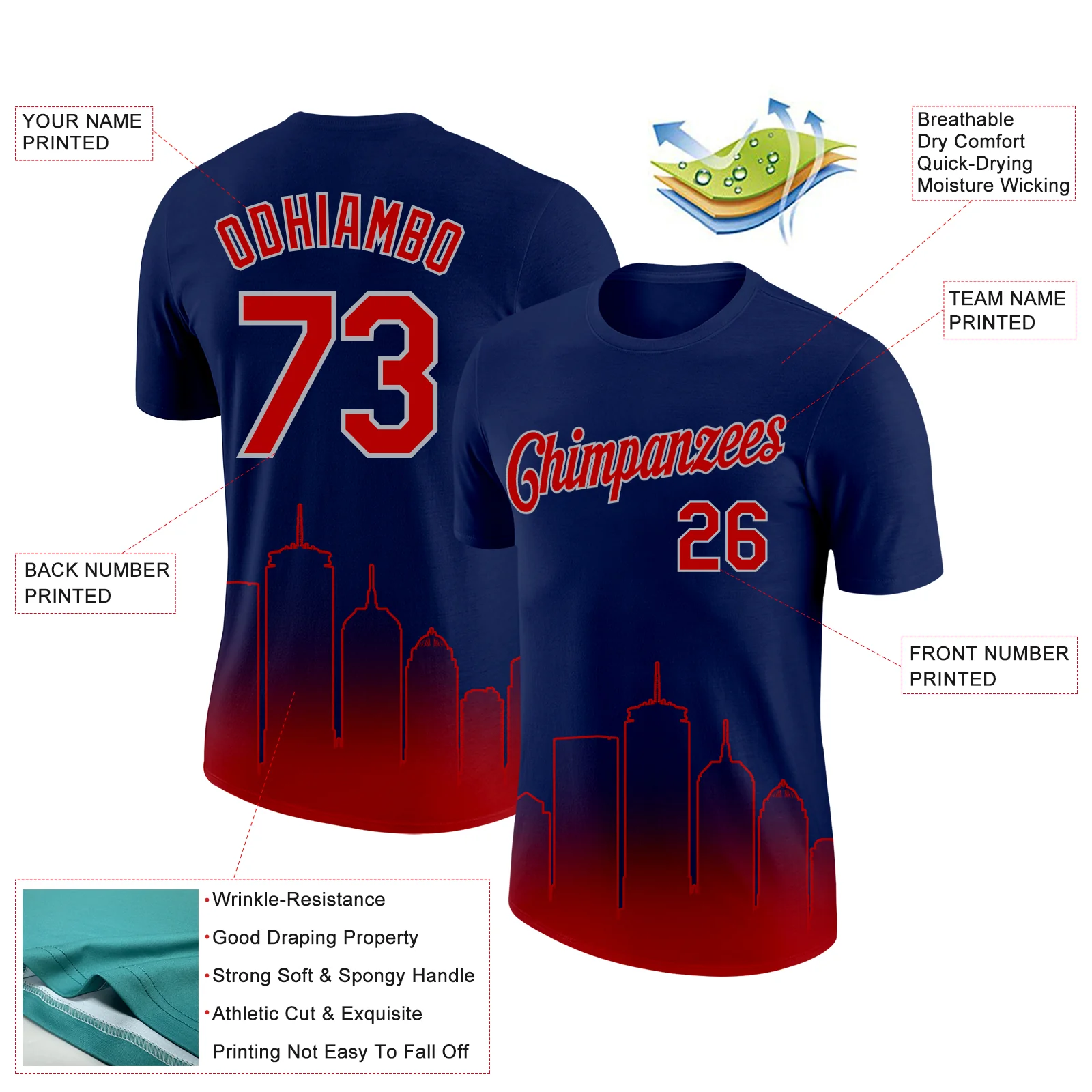Custom Navy Red-Gray 3D Boston City Edition Fade Fashion Performance T-Shirt - Image 2