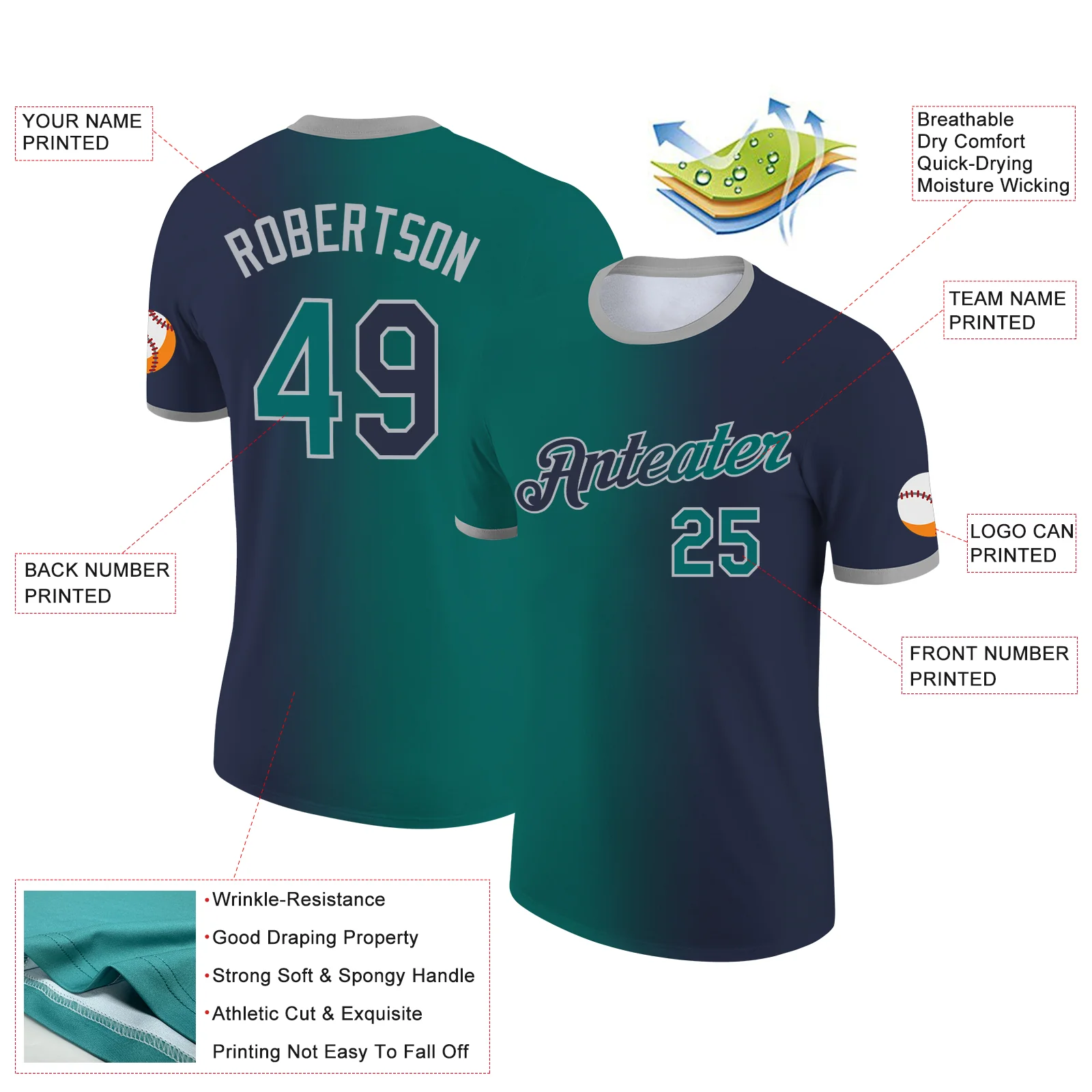 Custom Navy Teal-Gray Gradient Fashion Performance T-Shirt - Image 2