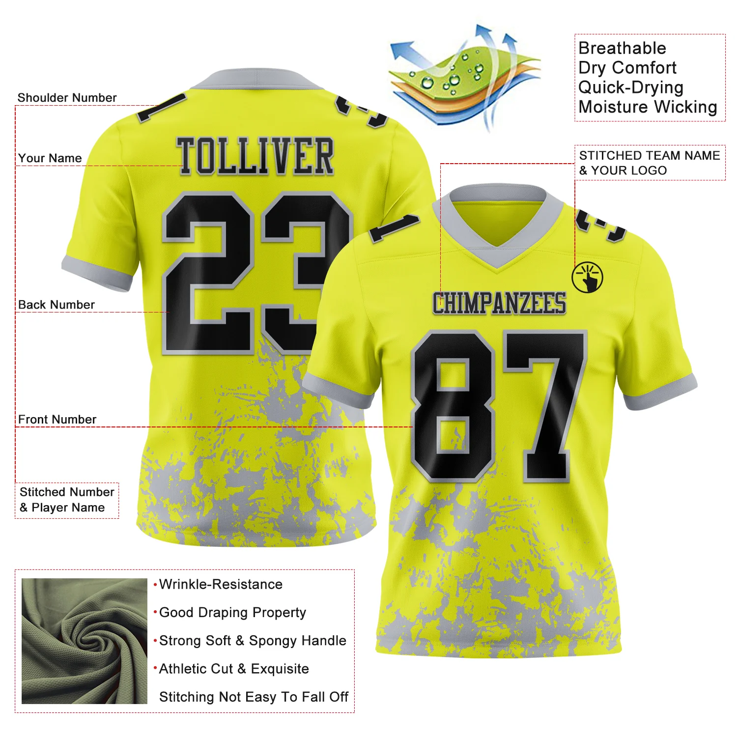 Custom Neon Yellow Black-Gray 3D Pattern Splash Authentic Football Jersey - Image 3