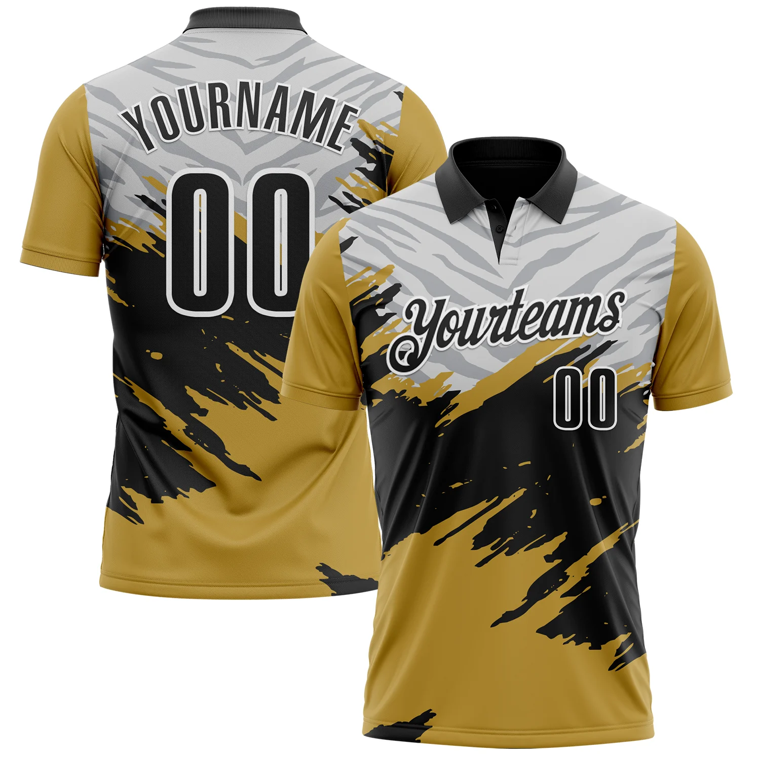Custom Old Gold Black Gray-White 3D Pattern Design Splash Performance Polo Shirt