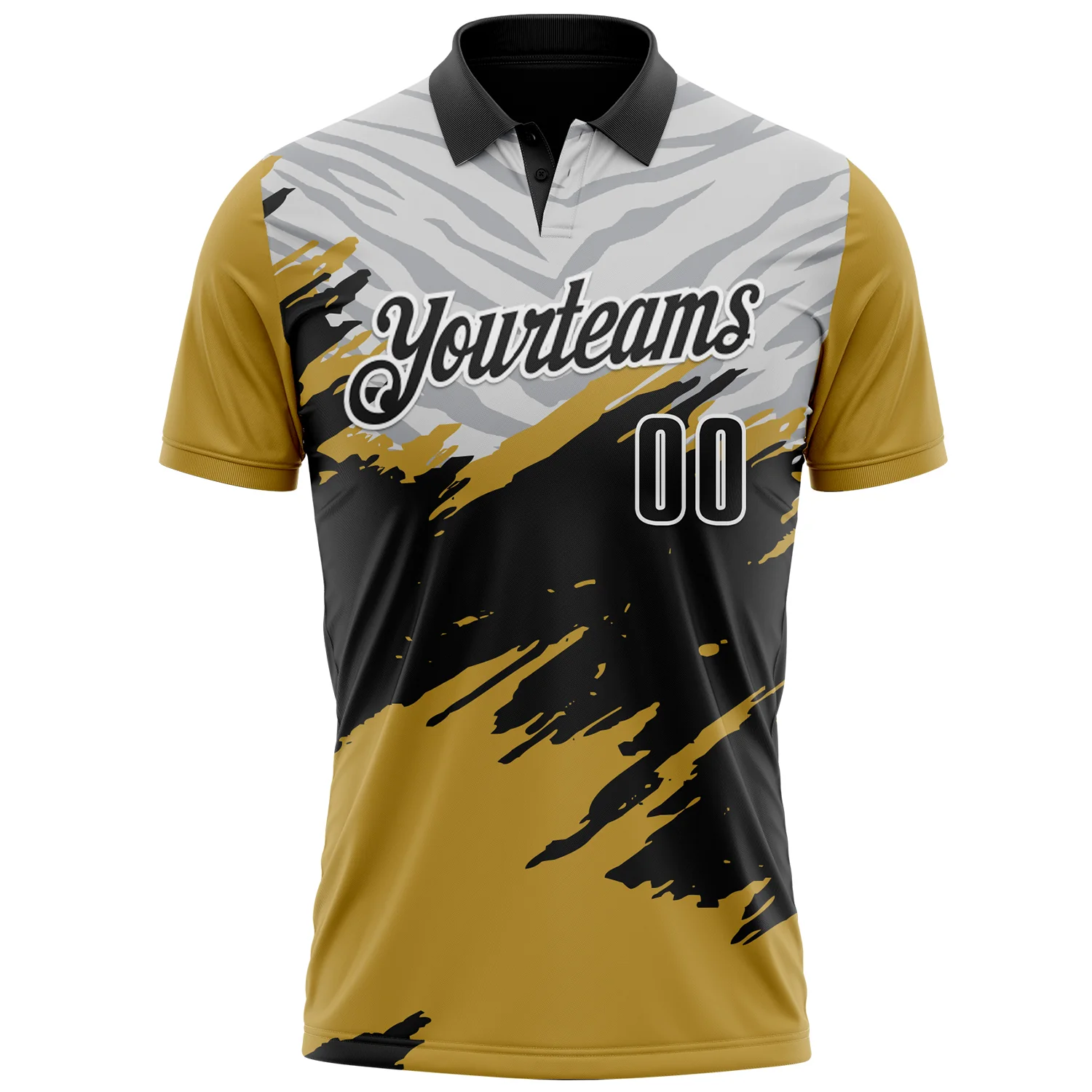 Custom Old Gold Black Gray-White 3D Pattern Design Splash Performance Polo Shirt - Image 2