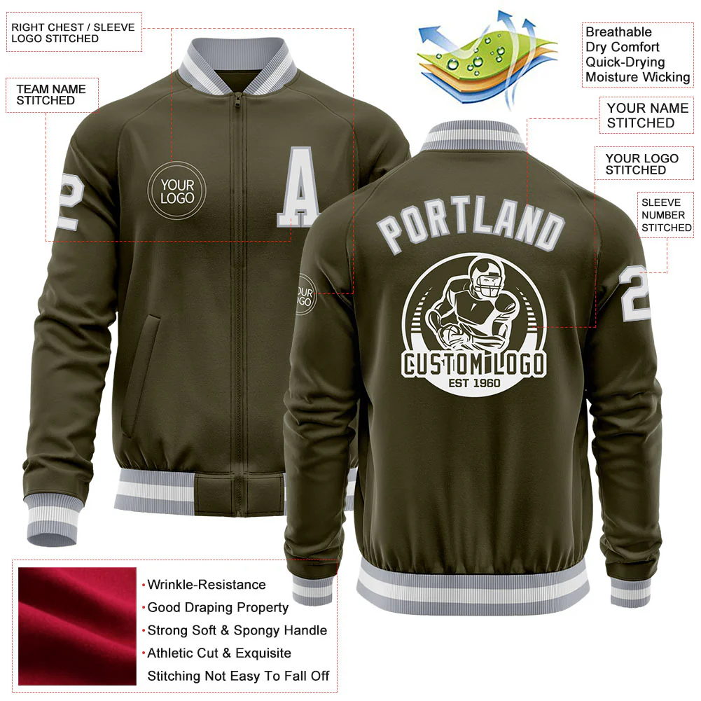 Custom Olive White-Gray Bomber Varsity Letterman Salute To Service Zipper Jacket - Image 4