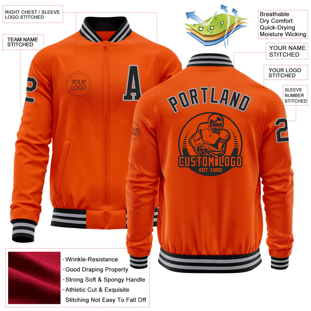 Custom Orange Black-Gray Bomber Varsity Letterman Zipper Jacket - Image 4