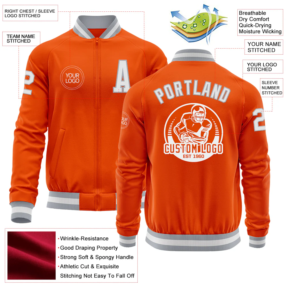 Custom Orange White-Gray Bomber Varsity Letterman Zipper Jacket - Image 4