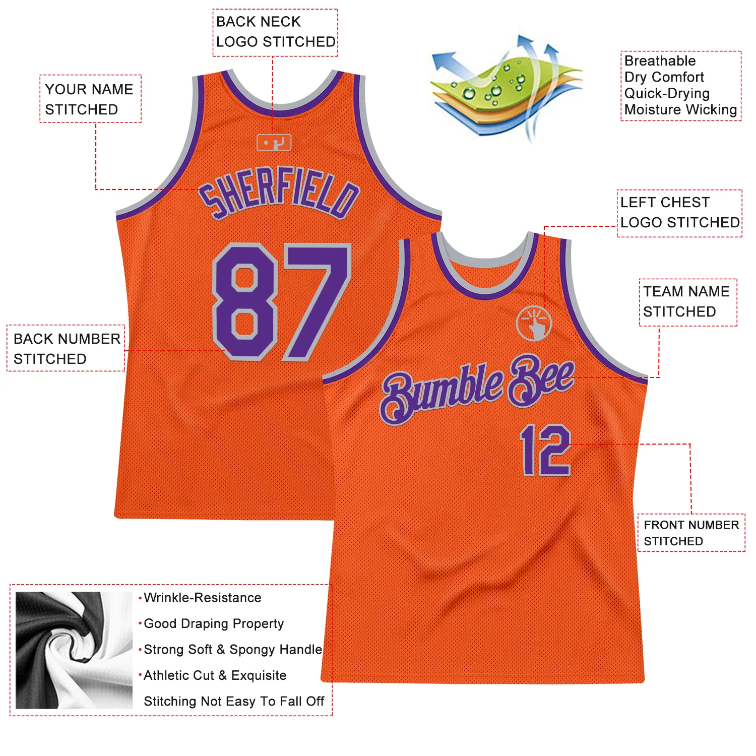 Custom Orange Purple-Gray Authentic Throwback Basketball Jersey - Image 2