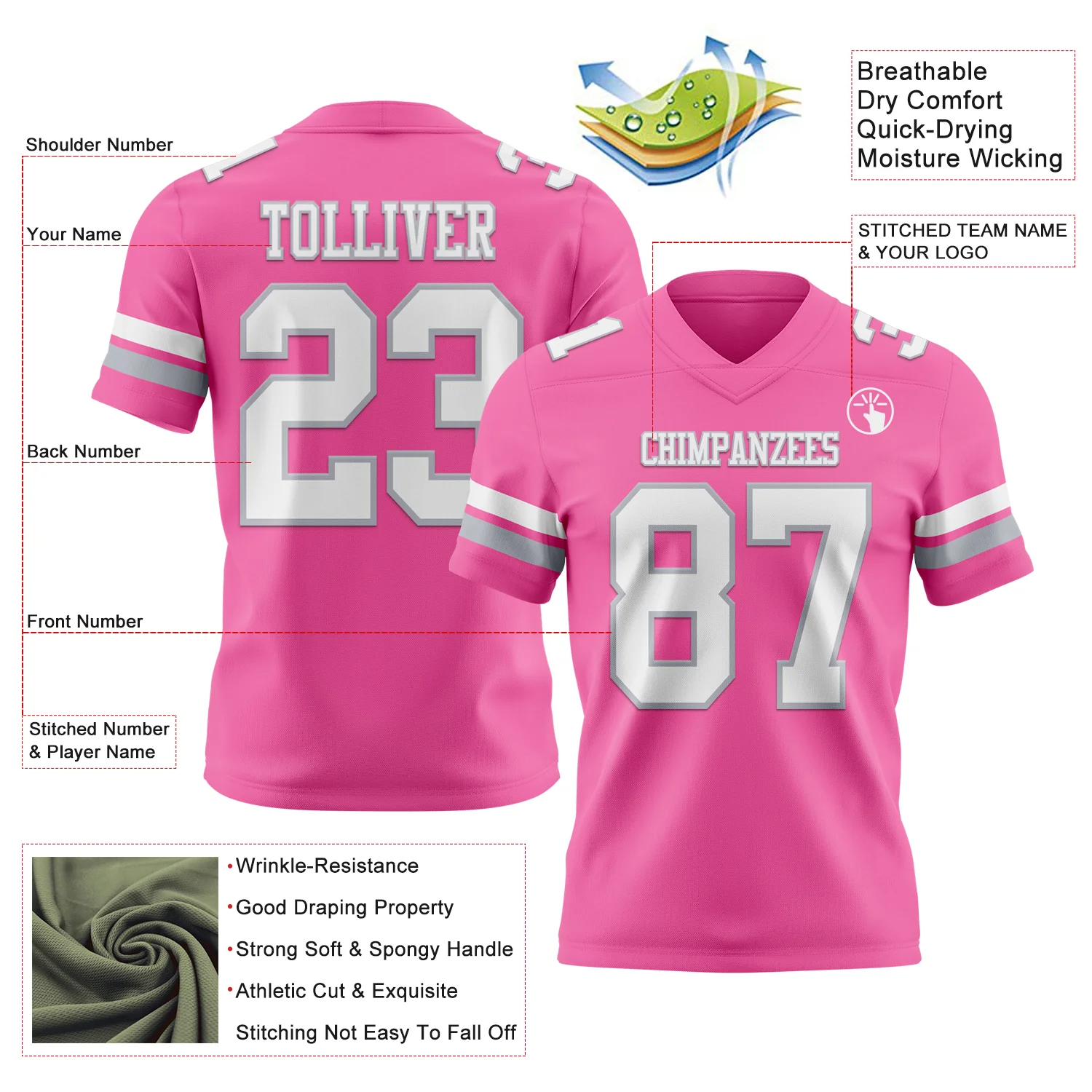 Custom Pink White-Gray Authentic Football Jersey - Image 3