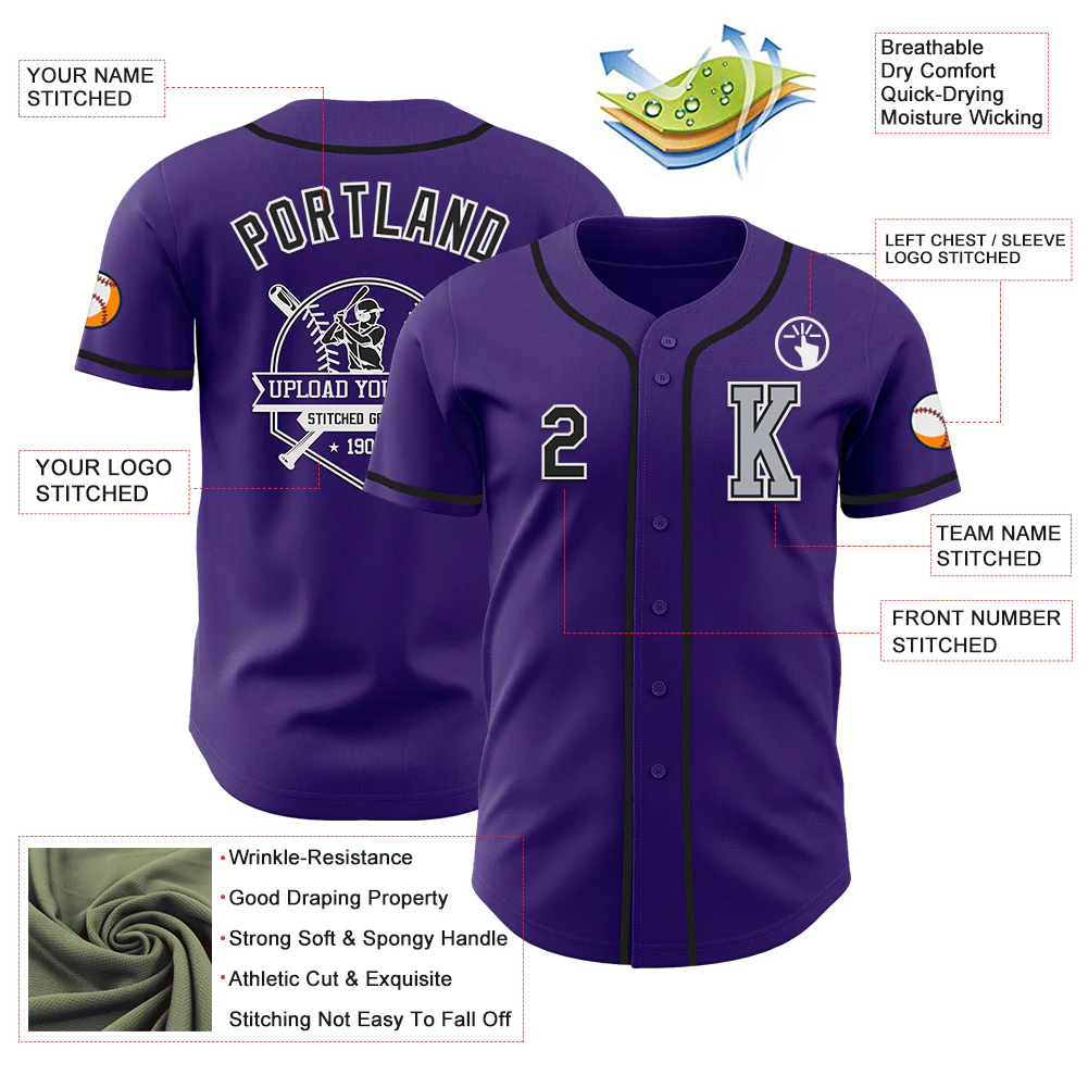 Custom Purple Black-Gray Authentic Baseball Jersey - Image 6