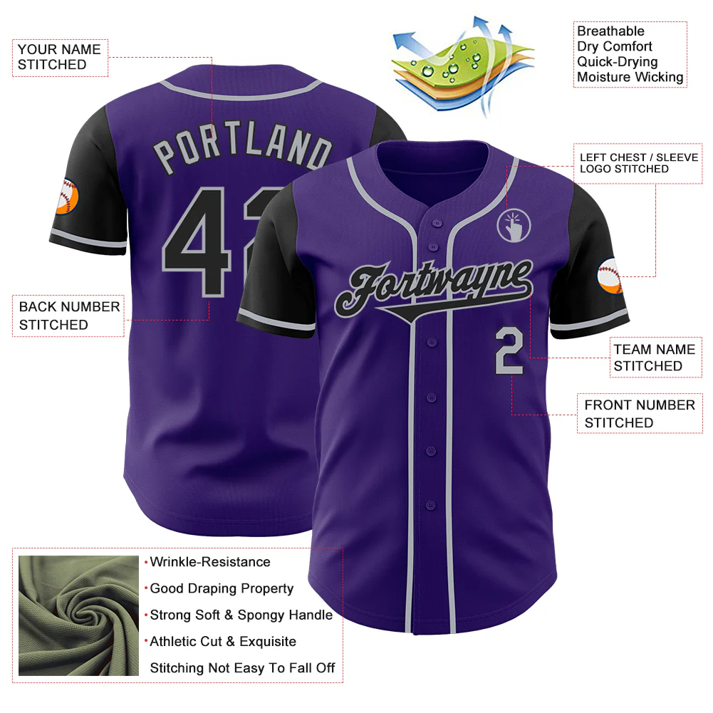 Custom Purple Black-Gray Authentic Two Tone Baseball Jersey - Image 3