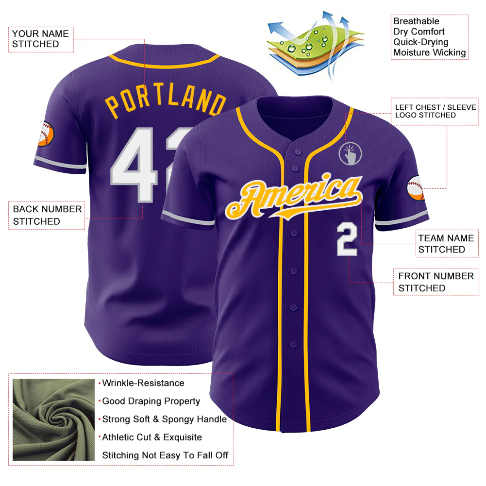 Custom Purple White Gray-Gold Authentic Baseball Jersey - Image 3