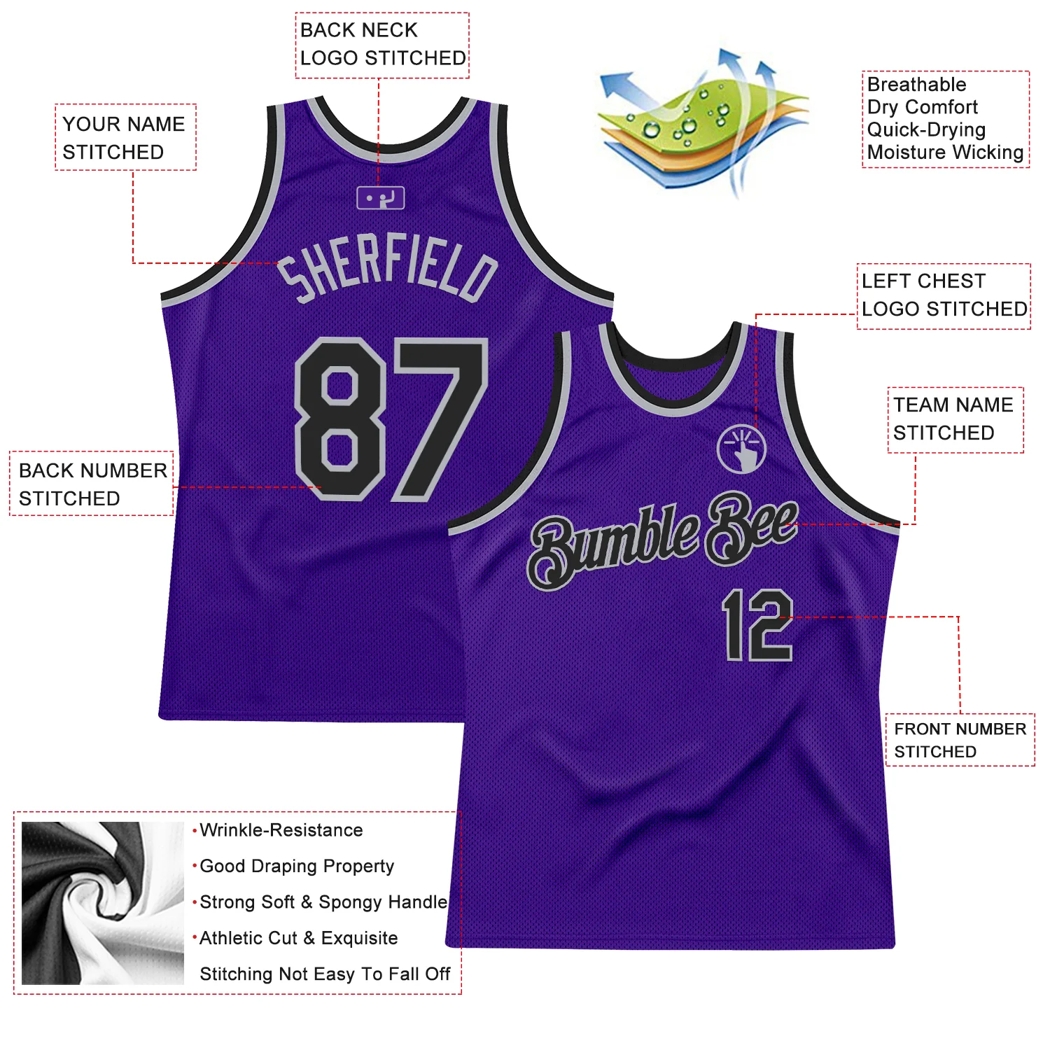 Custom Purple Black-Gray Authentic Throwback Basketball Jersey - Image 2