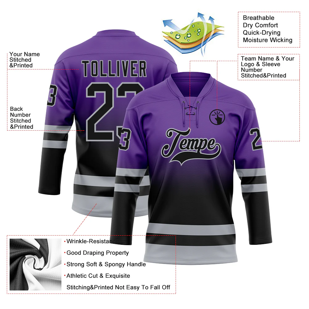 Custom Purple Black-Gray Fade Fashion Hockey Lace Neck Jersey - Image 5