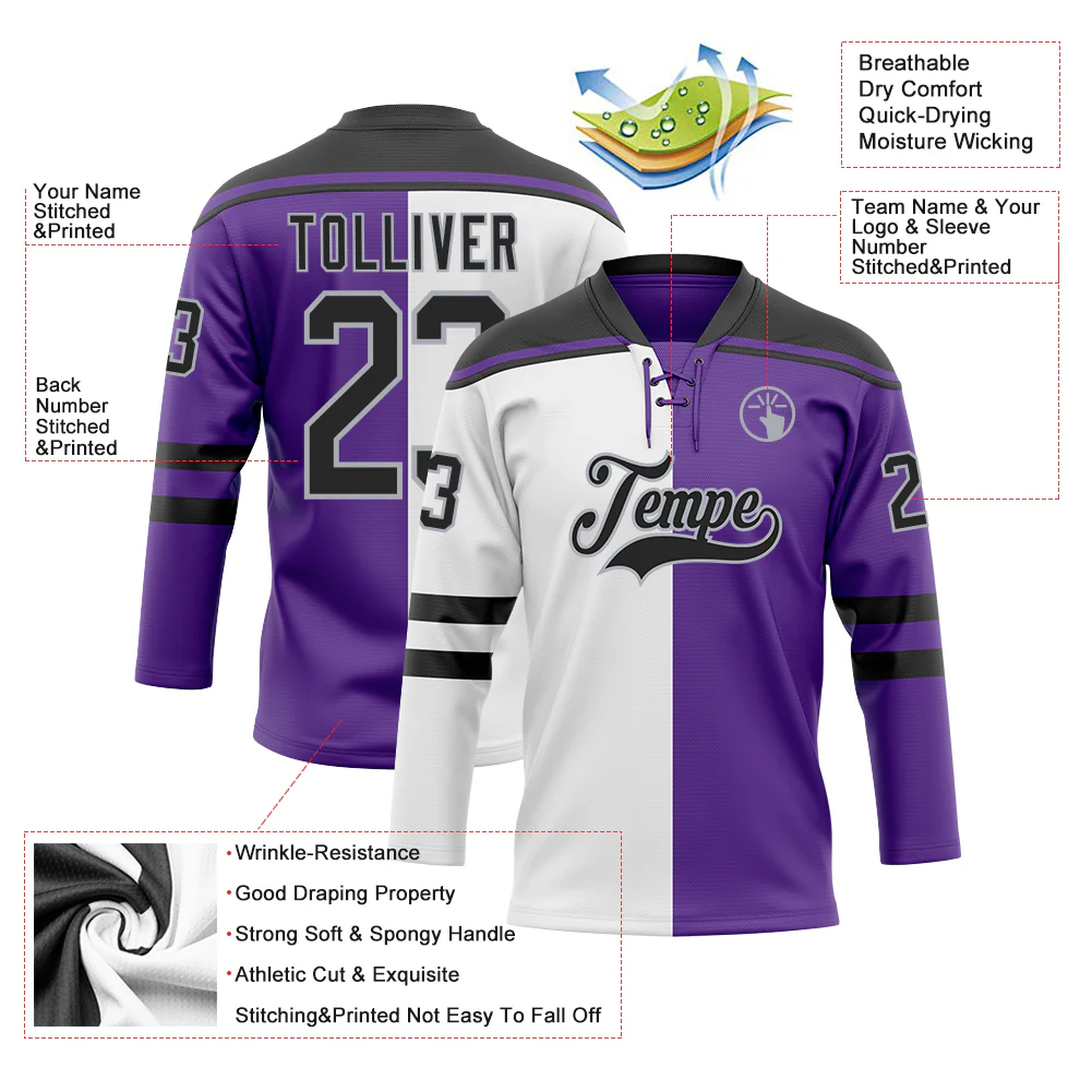 Custom Purple Black Gray-White Split Fashion Hockey Lace Neck Jersey - Image 5