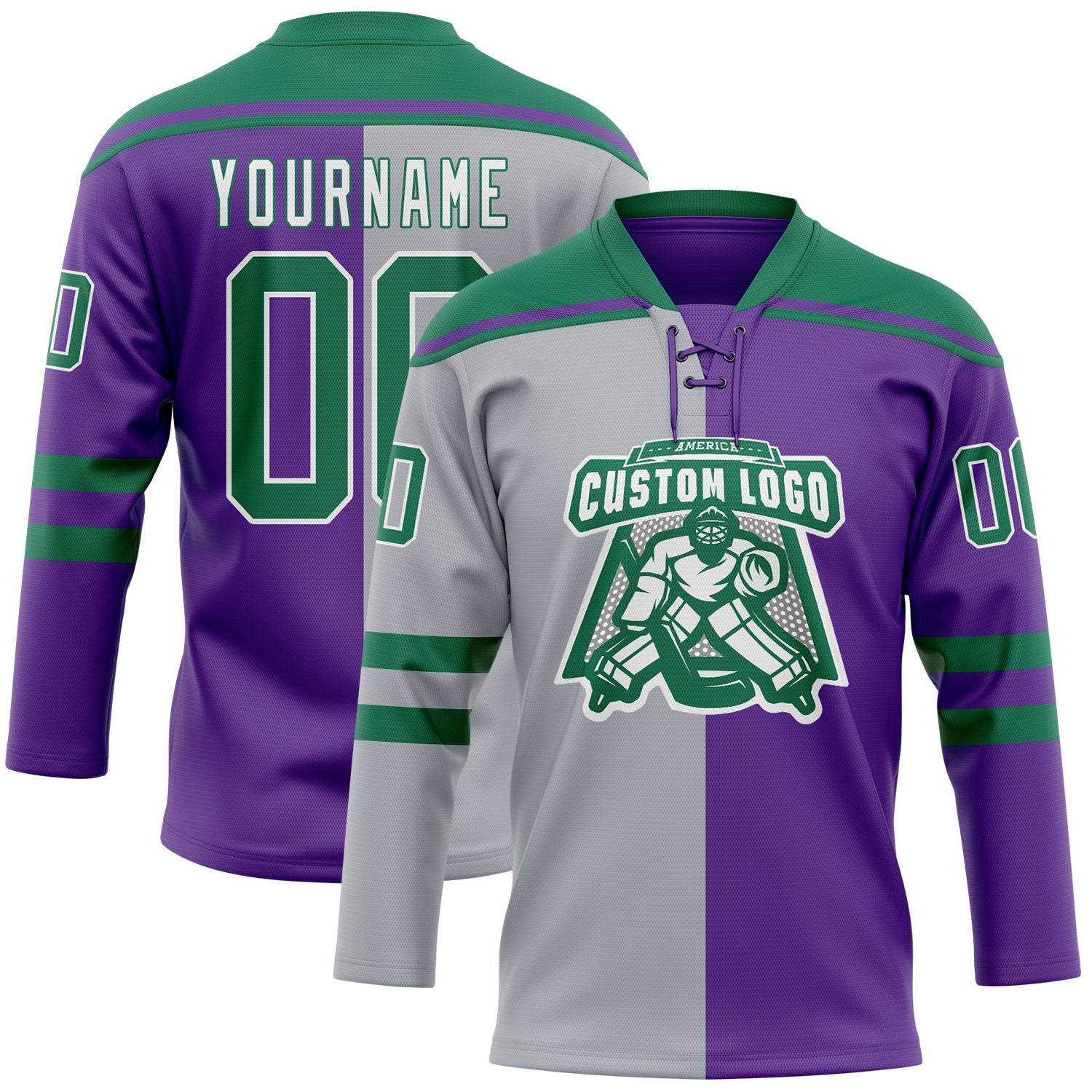 Custom Purple Kelly Green Gray-White Split Fashion Hockey Lace Neck Jersey - Image 2