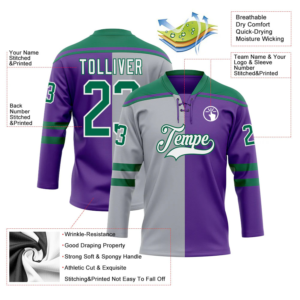 Custom Purple Kelly Green Gray-White Split Fashion Hockey Lace Neck Jersey - Image 5
