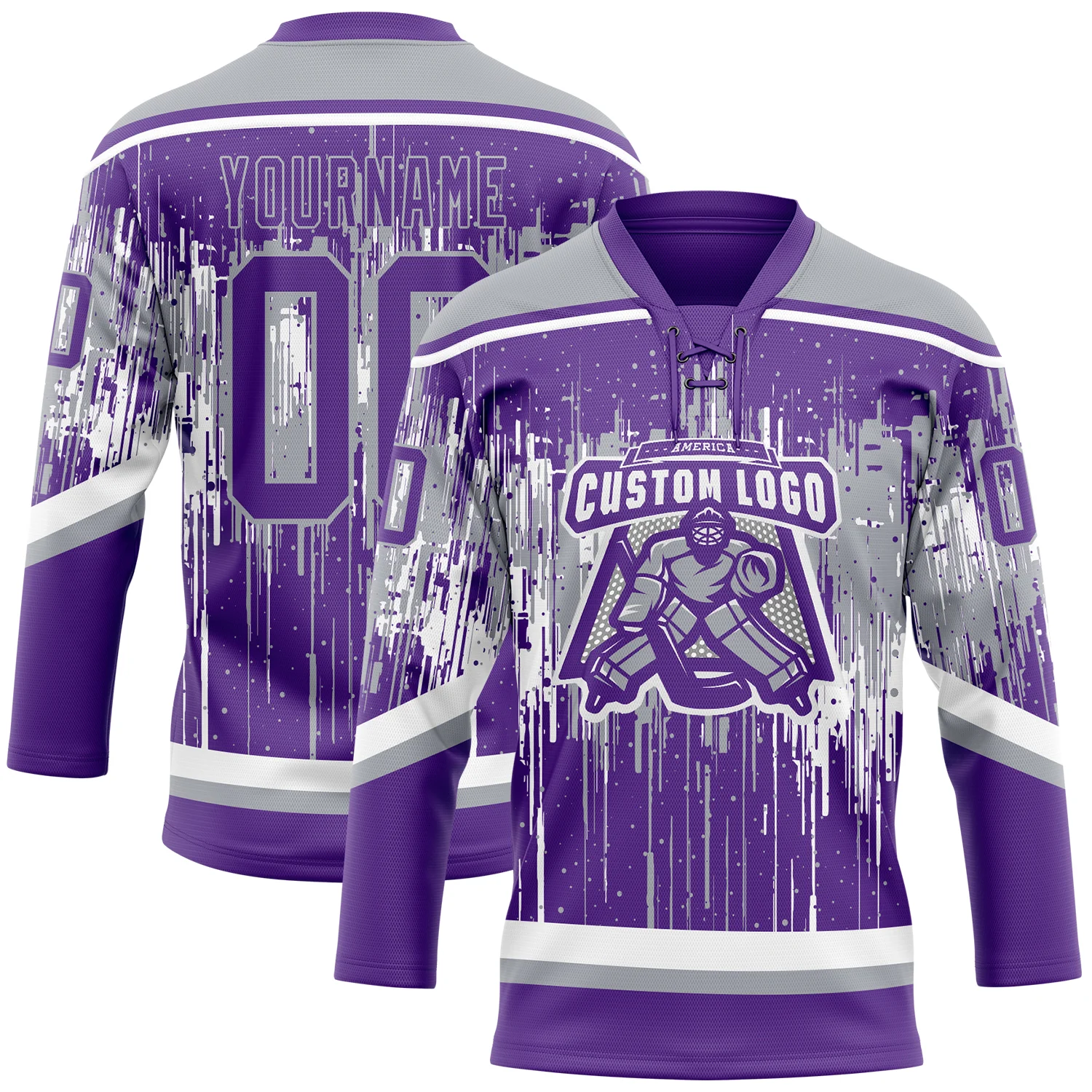 Custom Purple Gray-White Dripping Splatter Pattern Hockey Lace Neck Jersey - Image 2