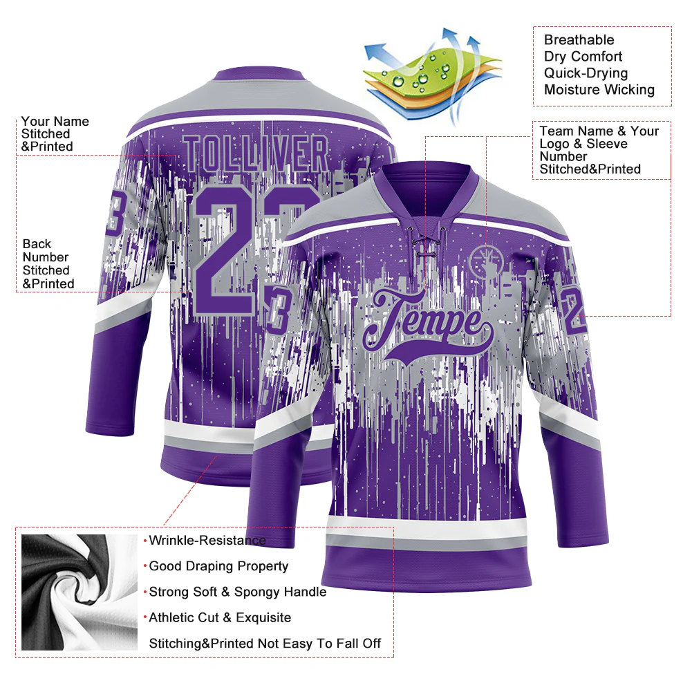 Custom Purple Gray-White Dripping Splatter Pattern Hockey Lace Neck Jersey - Image 5