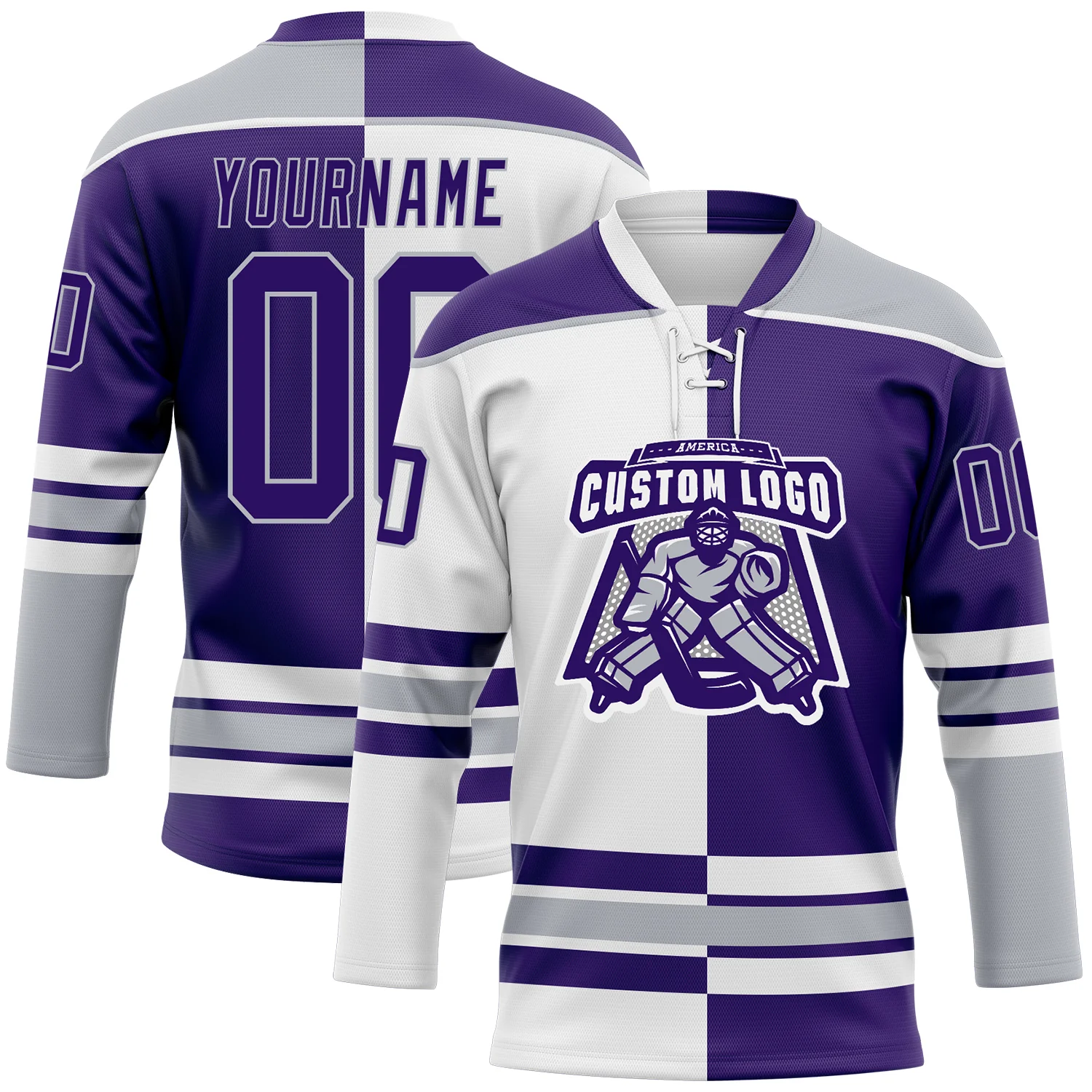 Custom Purple Gray-White Split Fashion Hockey Lace Neck Jersey - Image 2