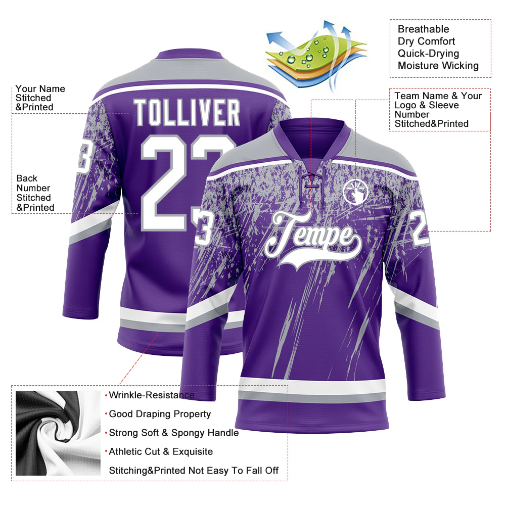 Custom Purple White-Gray 3D Splash Hockey Lace Neck Jersey - Image 3