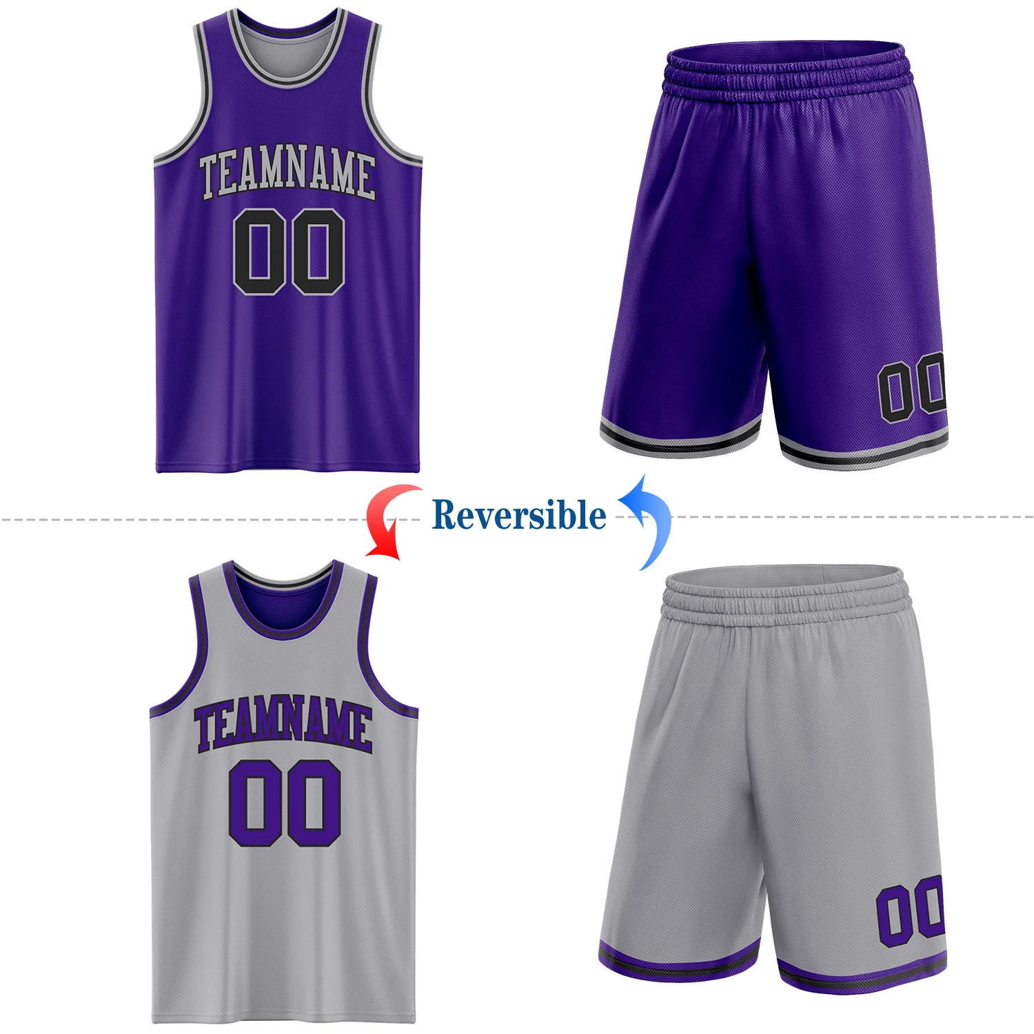 Custom Purple Black-Gray Reversible Double Side Sublimation Basketball Suit Jersey - Image 2