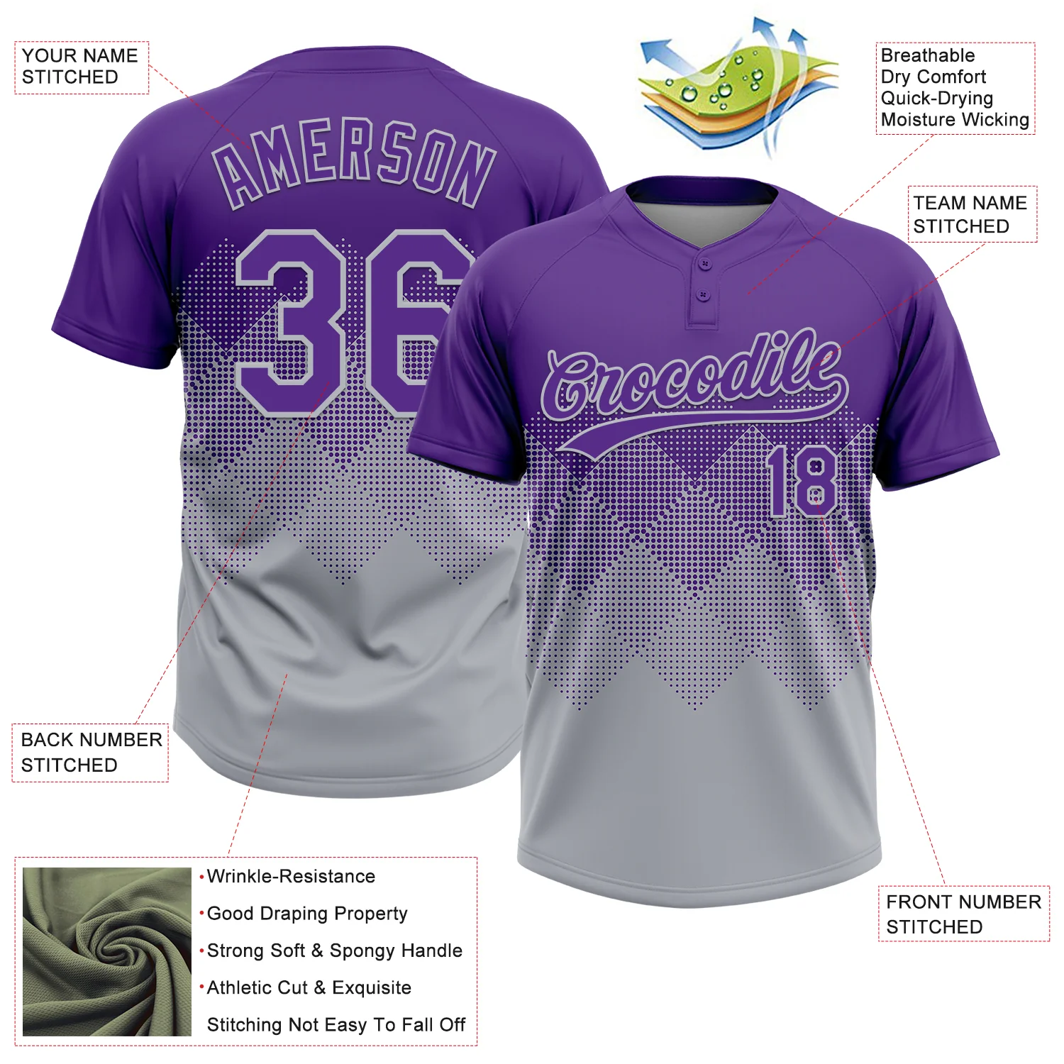 Custom Purple Gray 3D Gradient Square Shape Two-Button Unisex Softball Jersey - Image 3