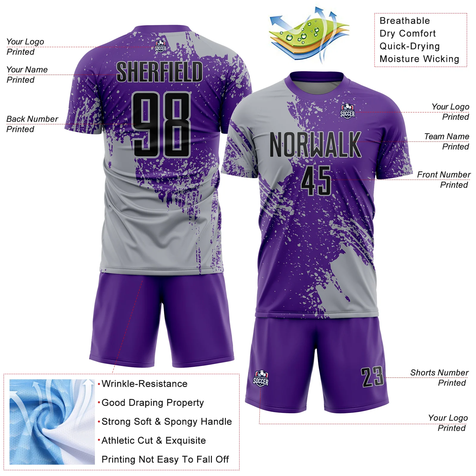 Custom Purple Black-Gray Abstract Brush Stroke Sports Sublimation Soccer Uniform Jersey - Image 4
