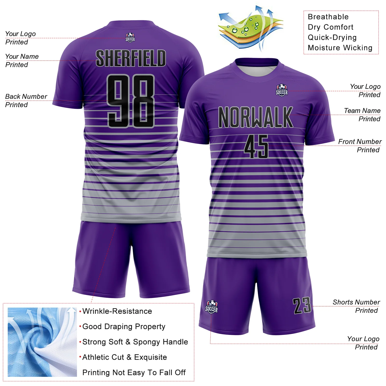 Custom Purple Black-Gray Gradient Pinstripe Sublimation Soccer Uniform Jersey - Image 4