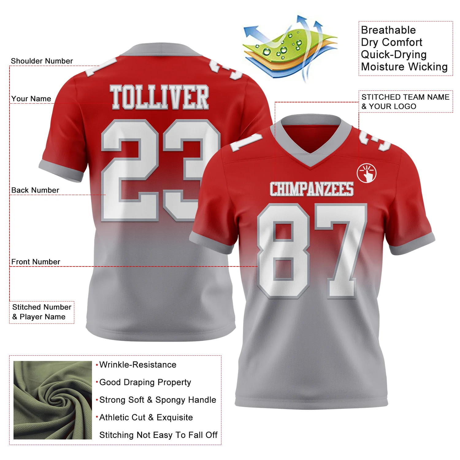 Custom Red White-Gray Authentic Fade Fashion Football Jersey - Image 2