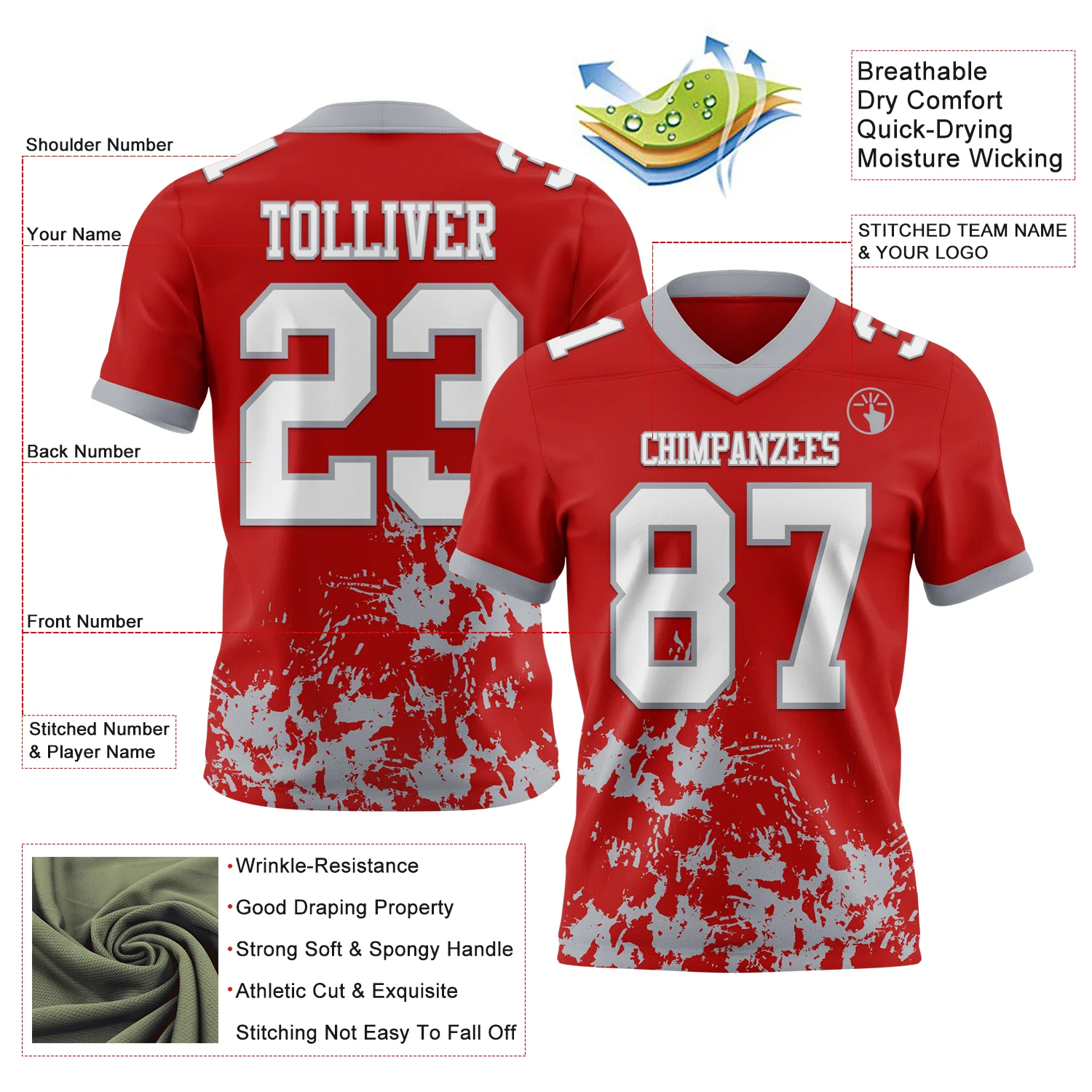 Custom Red White-Gray 3D Pattern Splash Authentic Football Jersey - Image 2