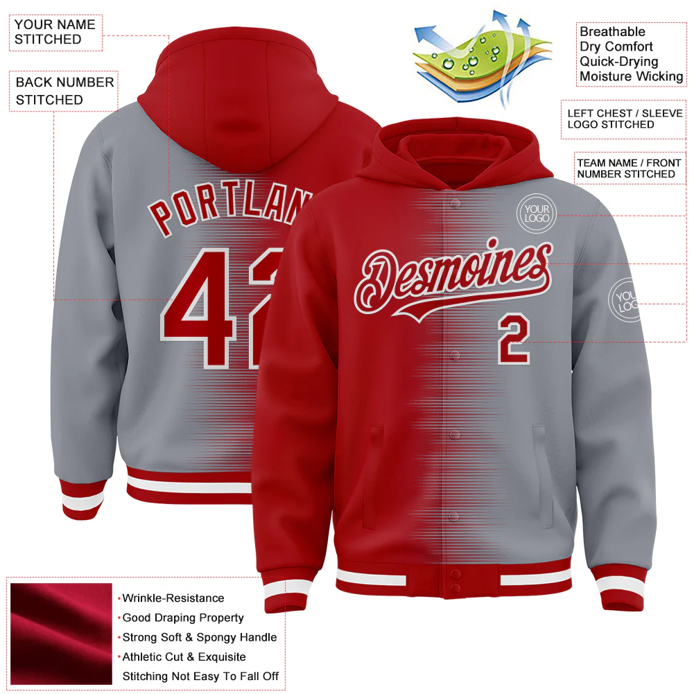 Custom Red Gray-White Gradient Line Bomber Full-Snap Varsity Letterman Hoodie Jacket - Image 4
