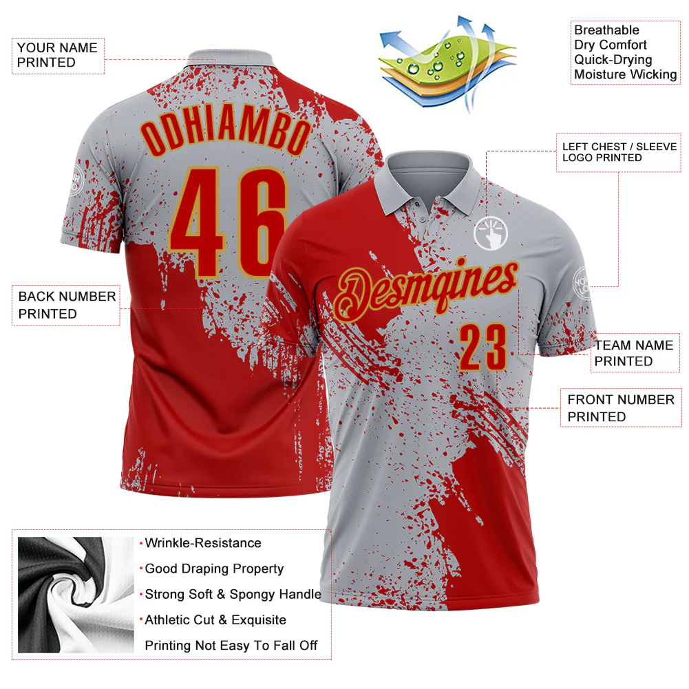 Custom Red Gray-Old Gold 3D Pattern Design Abstract Brush Stroke Performance Polo Shirt - Image 3