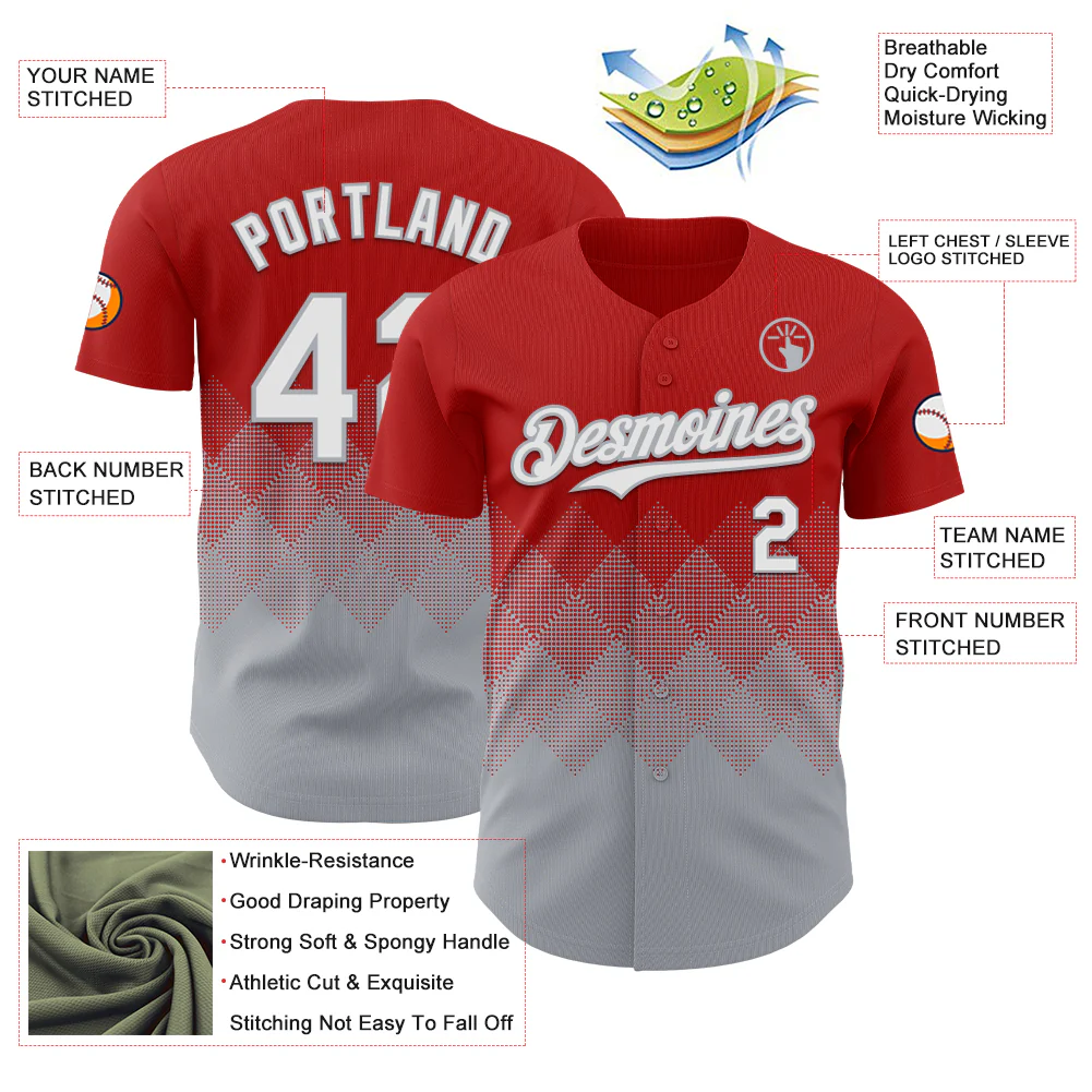 Custom Red White-Gray 3D Gradient Square Shape Authentic Baseball Jersey - Image 3