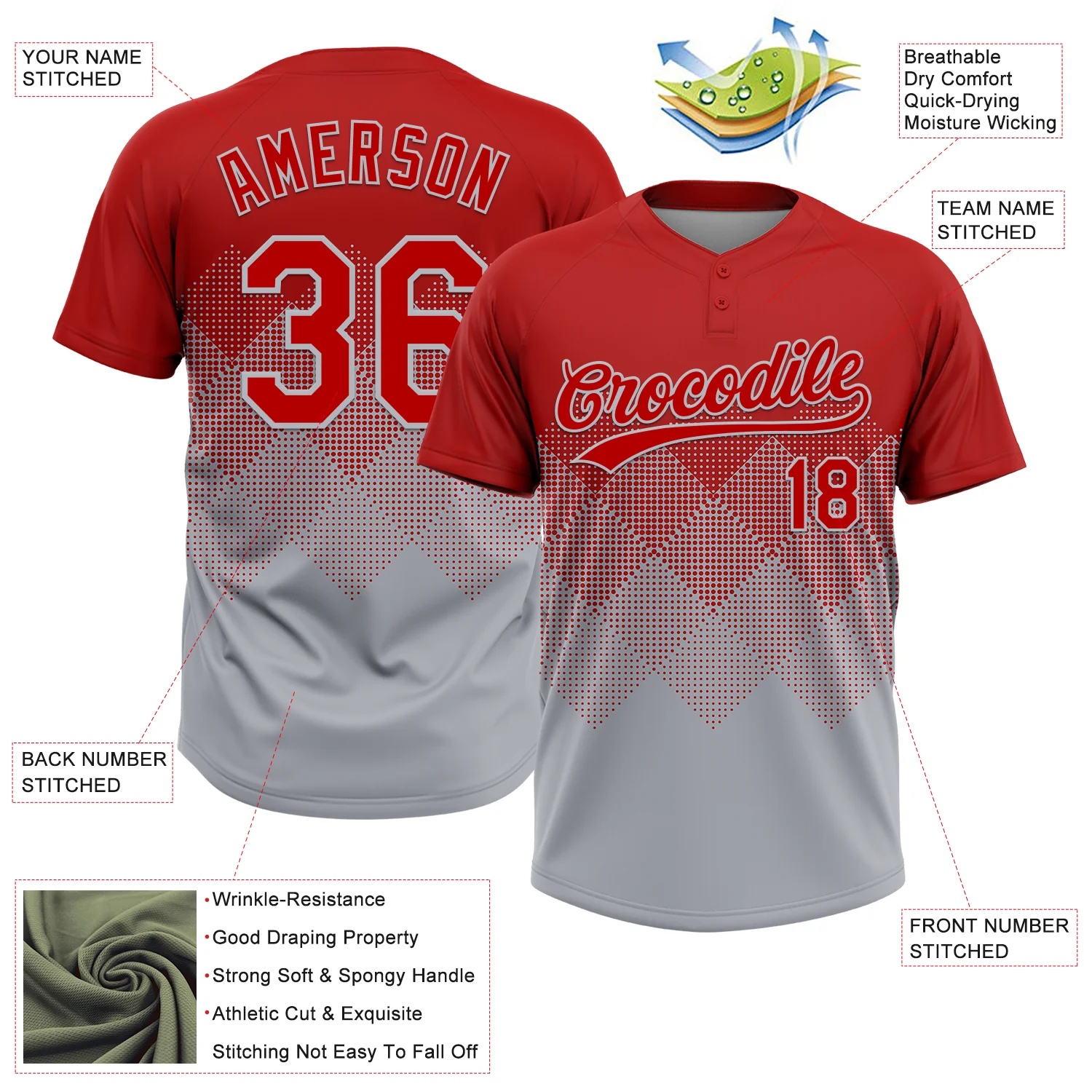 Custom Red Gray 3D Gradient Square Shape Two-Button Unisex Softball Jersey - Image 3