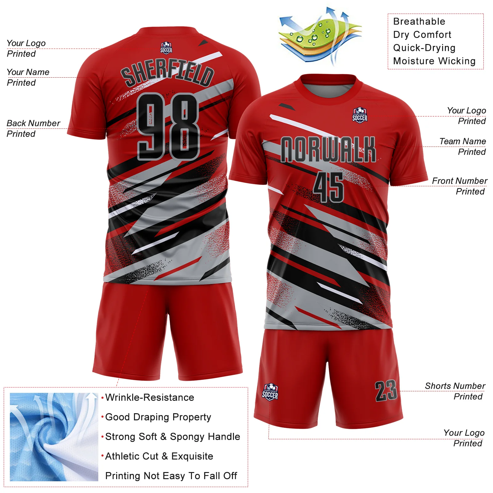 Custom Red Black Gray-White Grunge Stripe And Grainy Sports Sublimation Soccer Uniform Jersey - Image 4