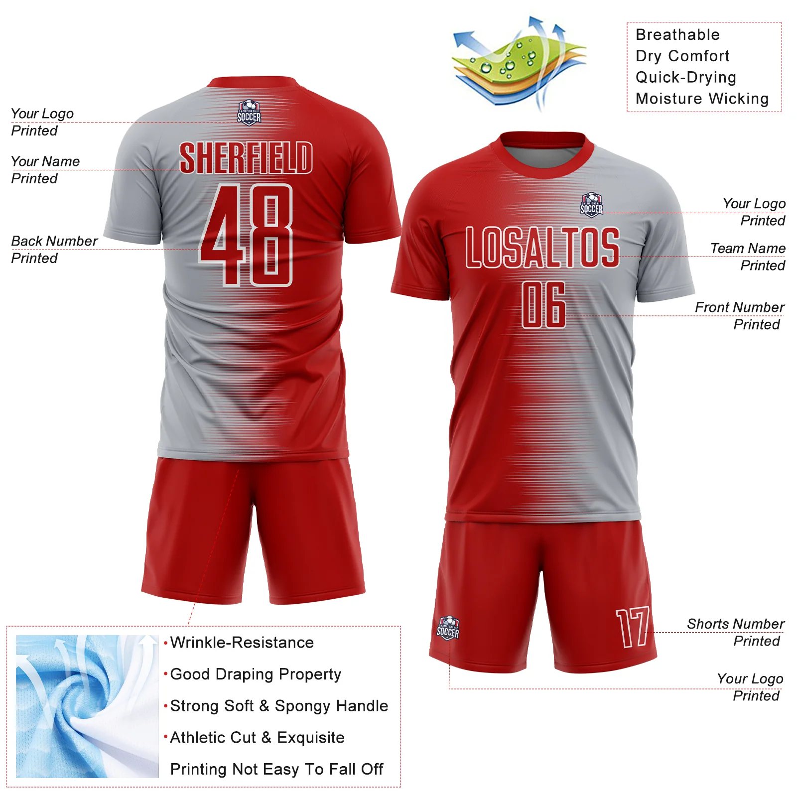 Custom Red Gray-White Gradient Line Sublimation Soccer Uniform Jersey - Image 4