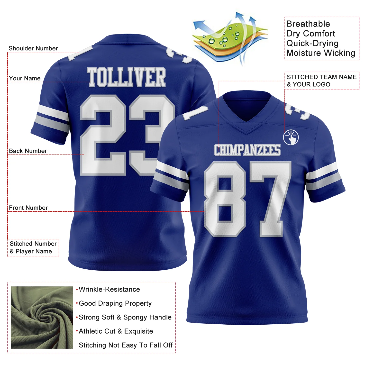 Custom Royal White-Gray Authentic Football Jersey - Image 3