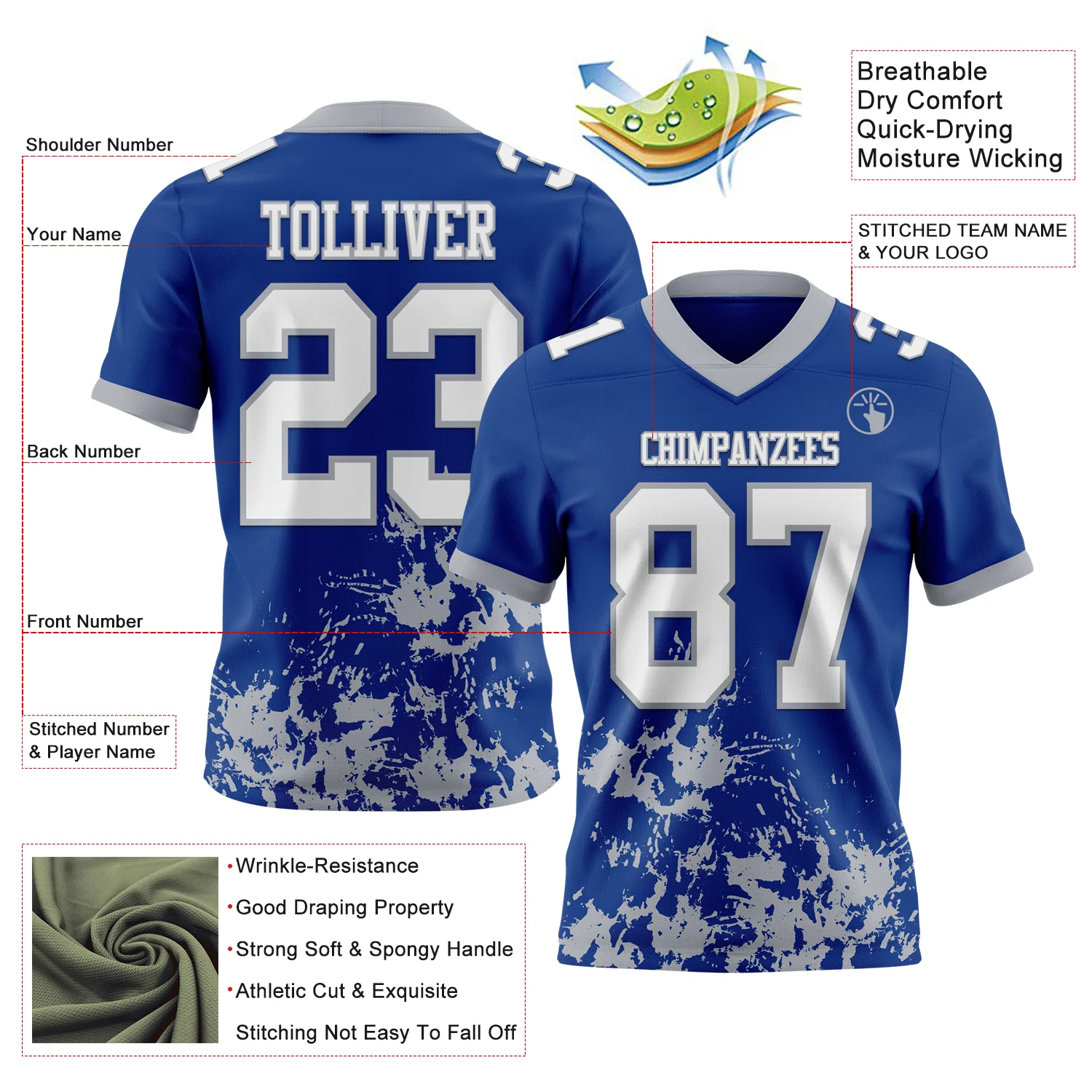 Custom Royal White-Gray 3D Pattern Splash Authentic Football Jersey - Image 2