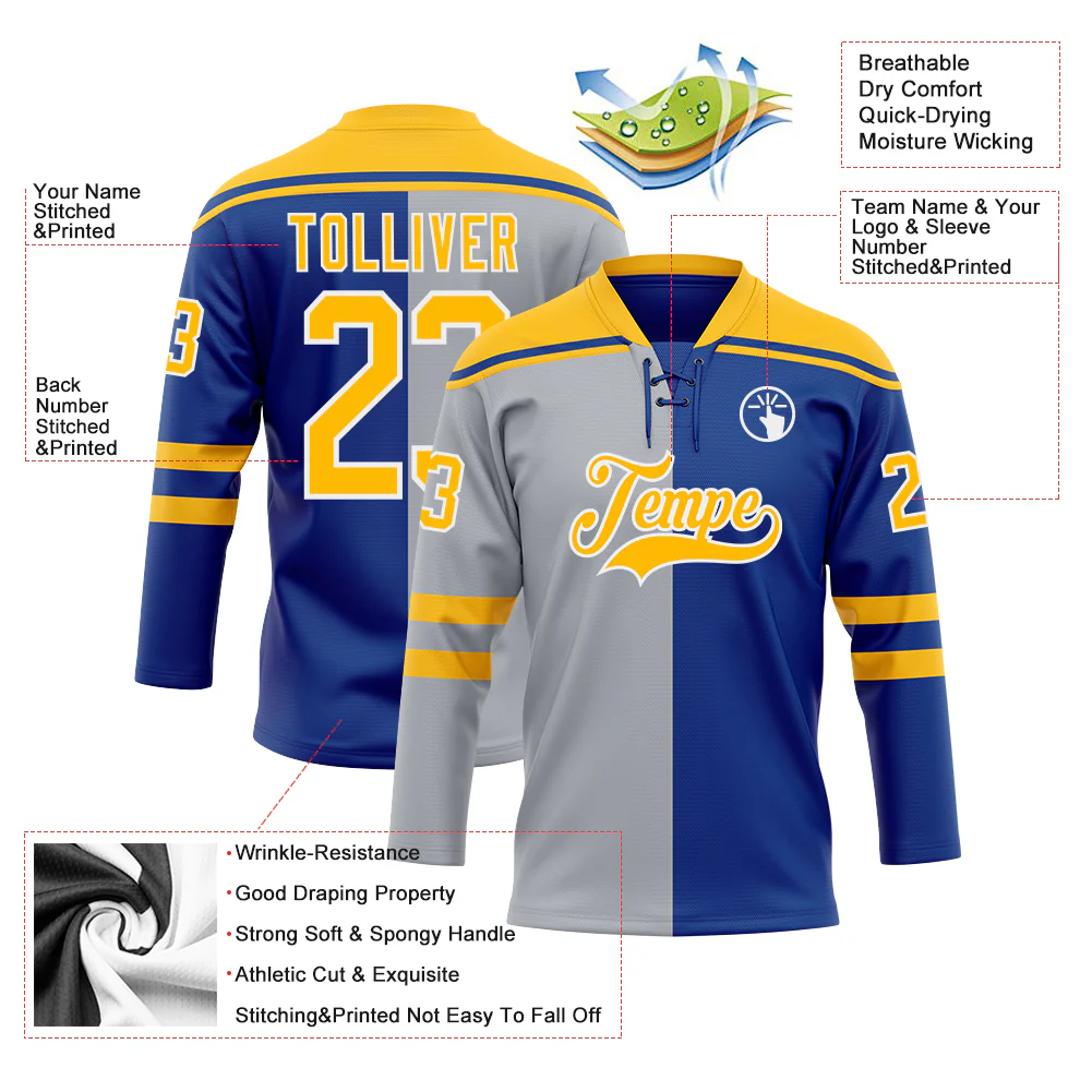 Custom Royal Gold Gray-White Split Fashion Hockey Lace Neck Jersey - Image 5