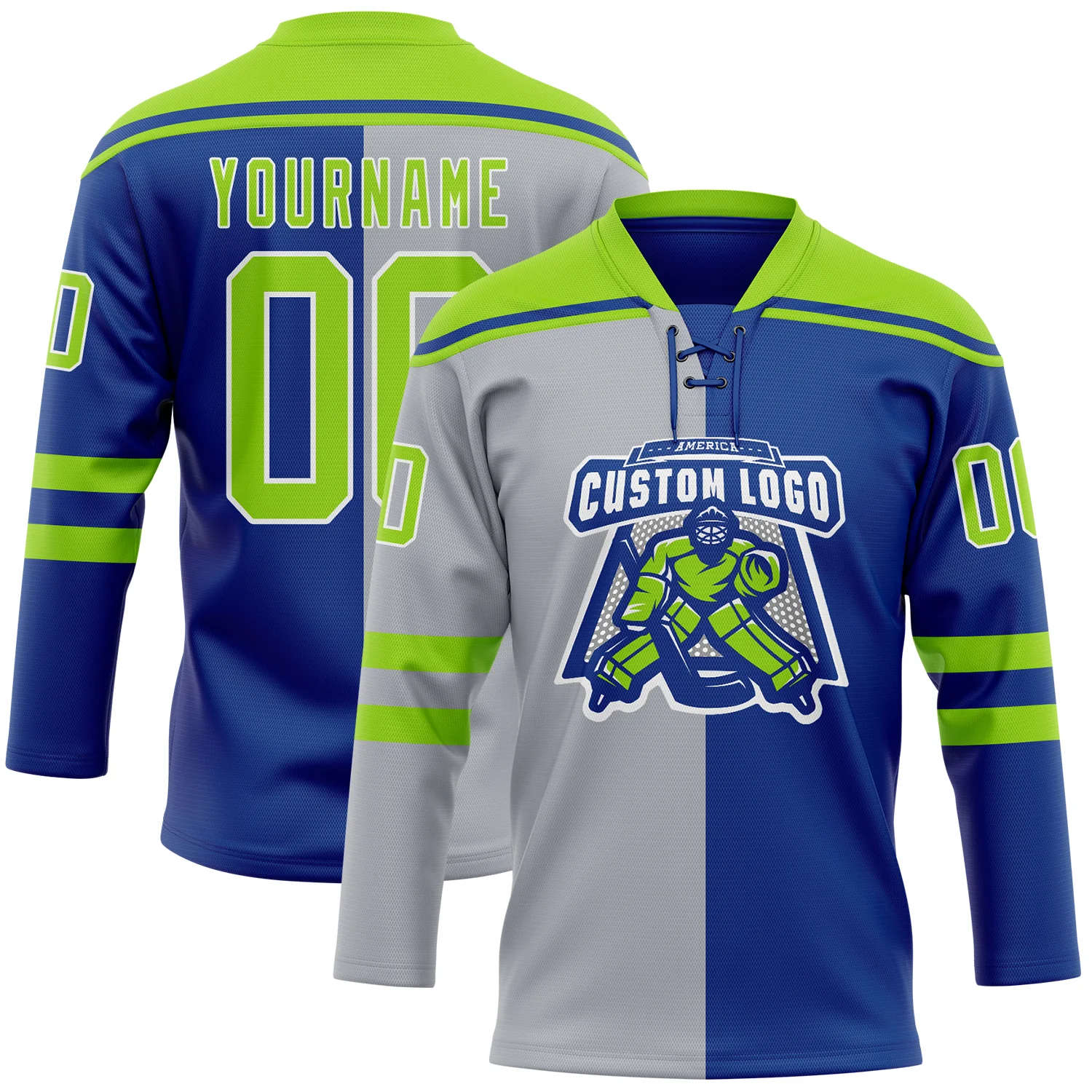 Custom Royal Neon Green Gray-White Split Fashion Hockey Lace Neck Jersey - Image 2