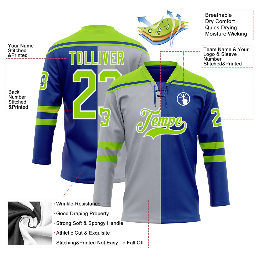 Custom Royal Neon Green Gray-White Split Fashion Hockey Lace Neck Jersey - Image 5