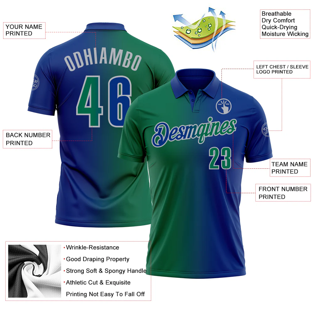 Custom Royal Kelly Green-Gray 3D Gradient Fashion Performance Polo Shirt - Image 3